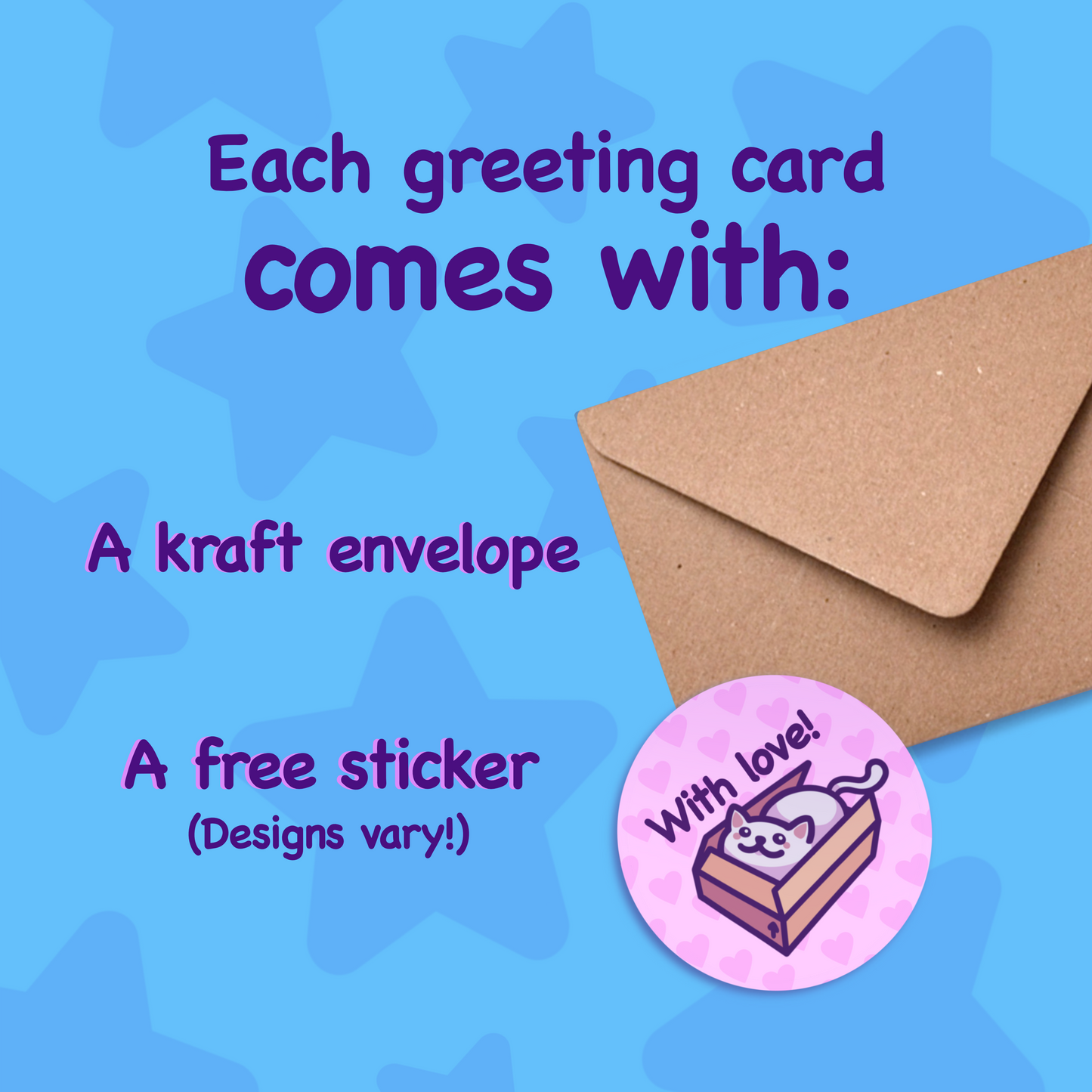 Each handmade greeting card comes with a kraft envelope and a free sticker (designs vary).