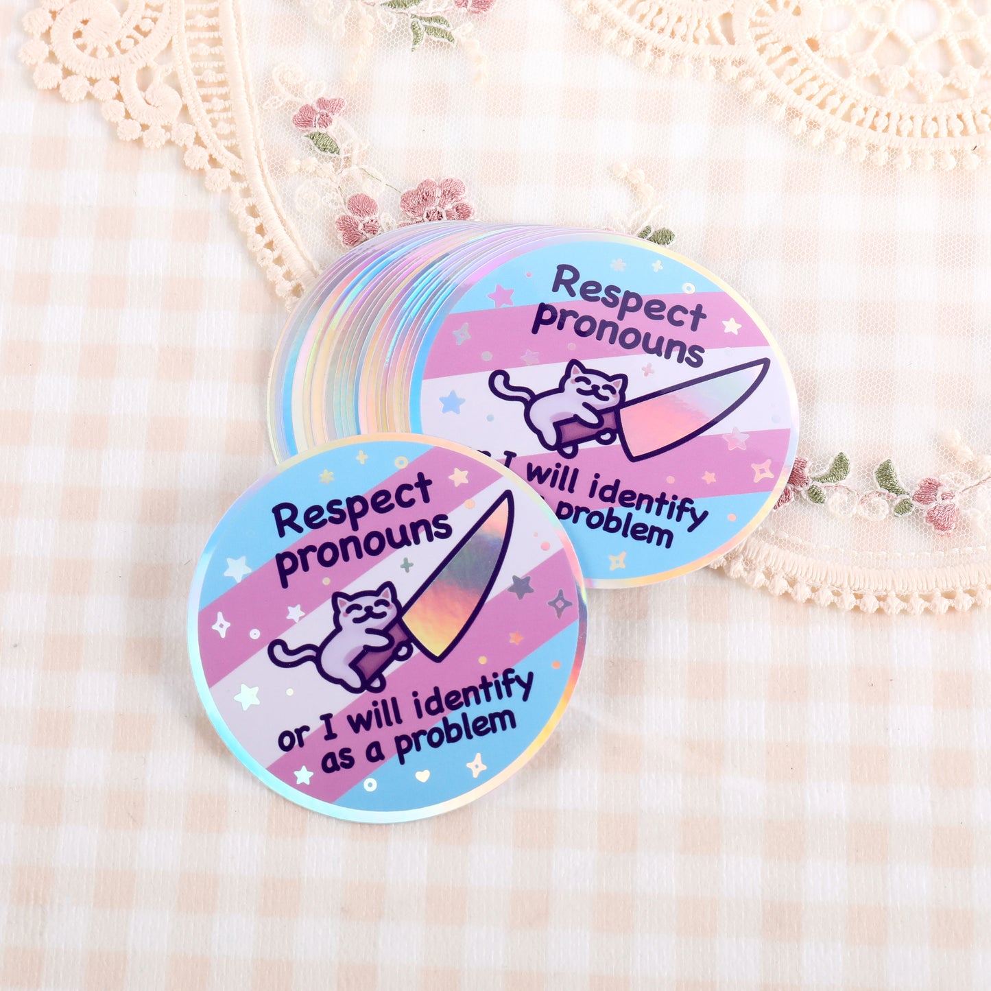 Holographic Respect Pronouns Vinyl Sticker | Trans, Gender Fluid & Non-Binary Pride