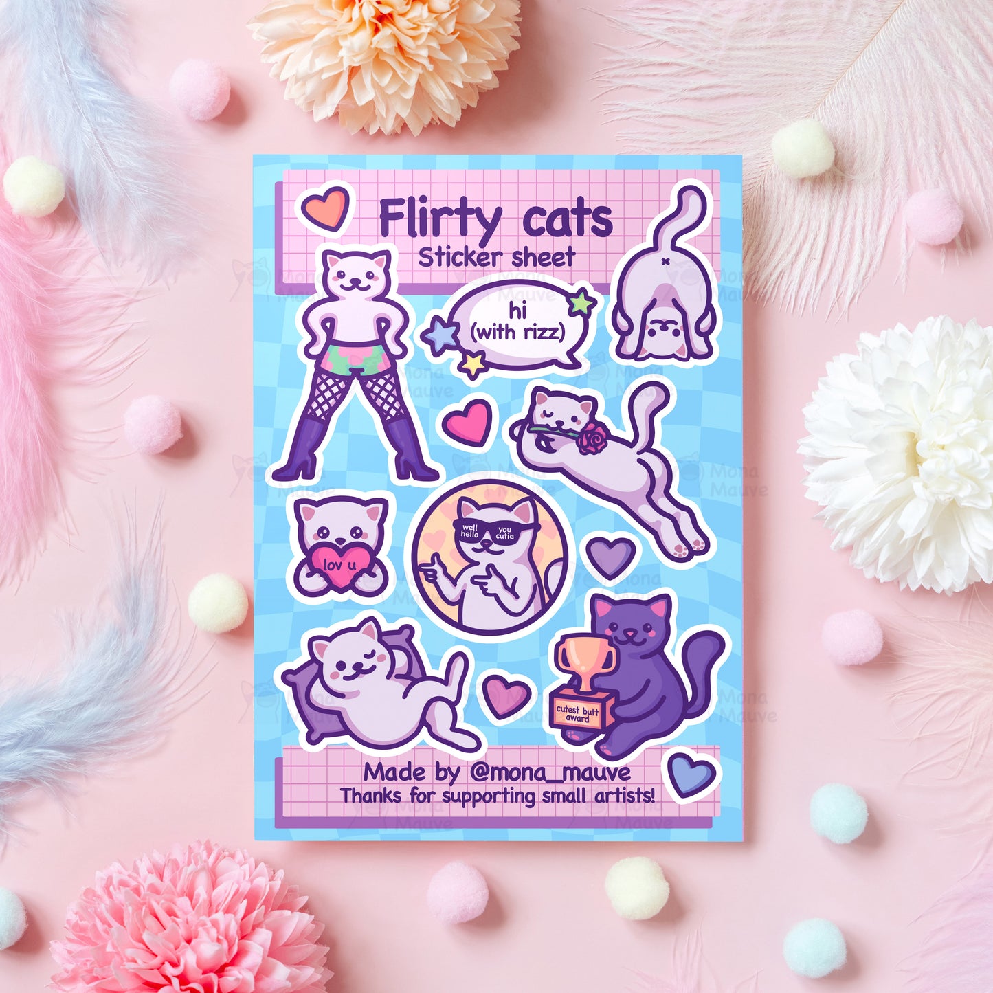 Flirty Cats Sticker Sheet | 13 Cute & Funny Vinyl Stickers