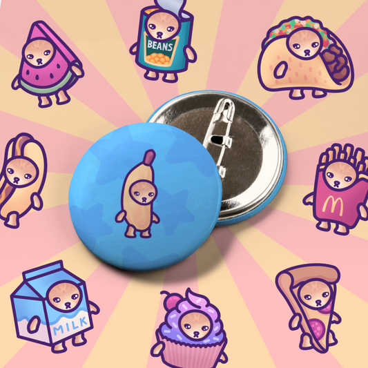 Snack Cat Button Badge | Funny Round Button Pin for Backpack, Beanie, Tote Bag