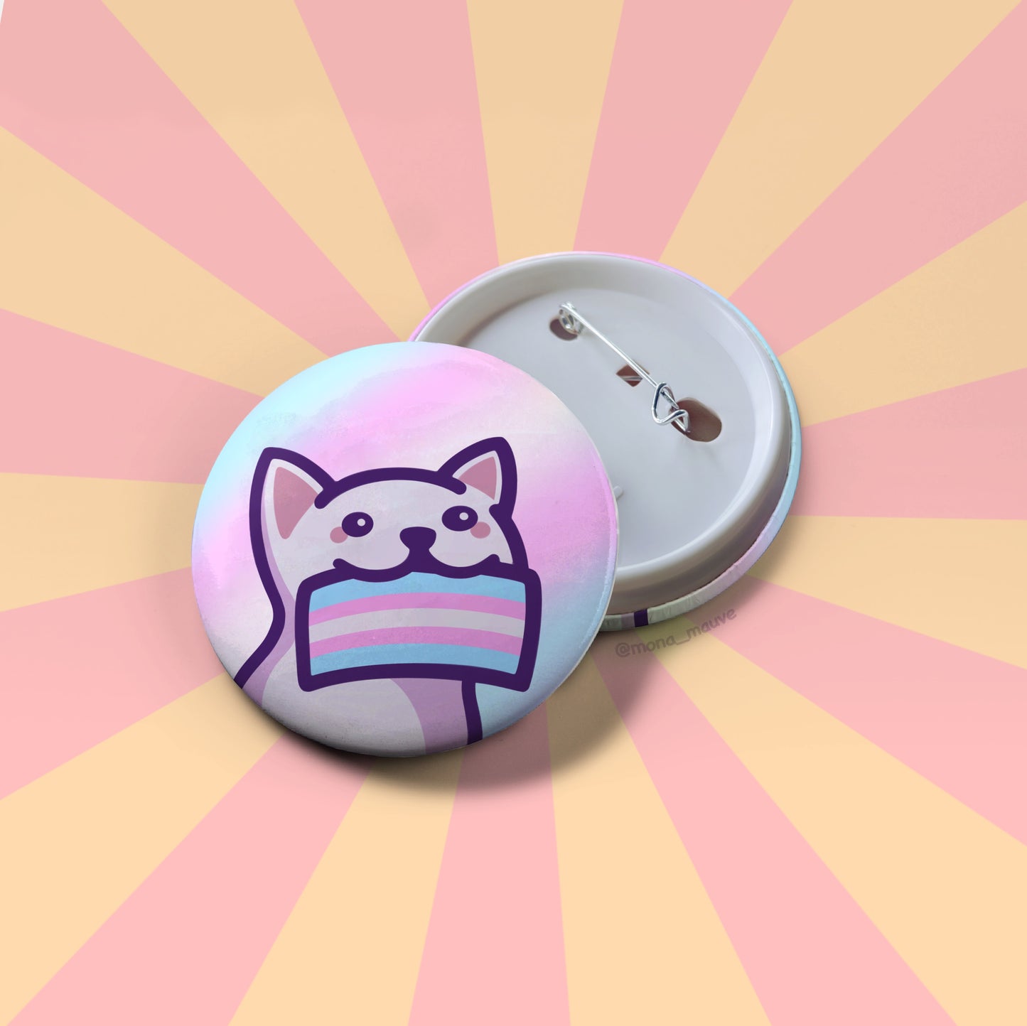 Trans Pride Button Badge | Cute Cat Holding a Trans Pride Flag