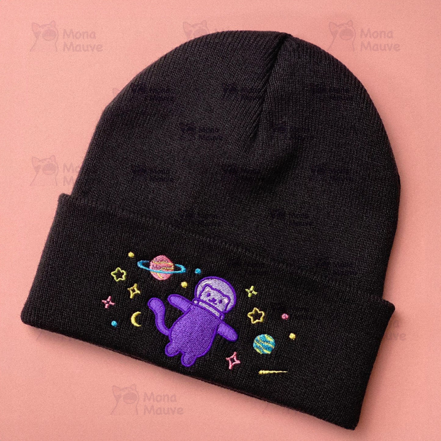 Cute Space Cat Embroidered Beanie | Black Knit Winter Hat