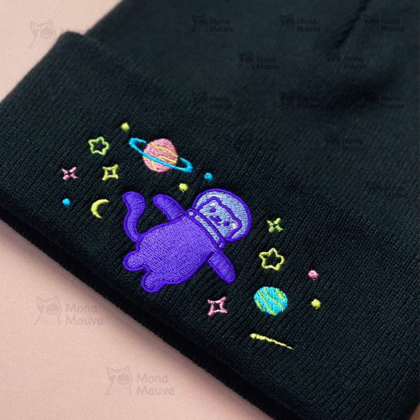 Cute Space Cat Embroidered Beanie | Black Knit Winter Hat