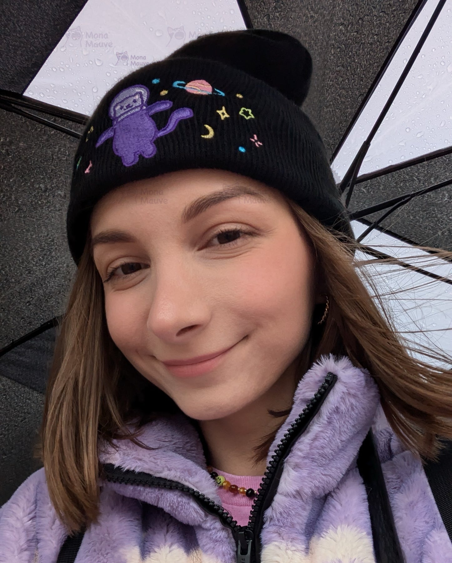 Cute Space Cat Embroidered Beanie | Black Knit Winter Hat
