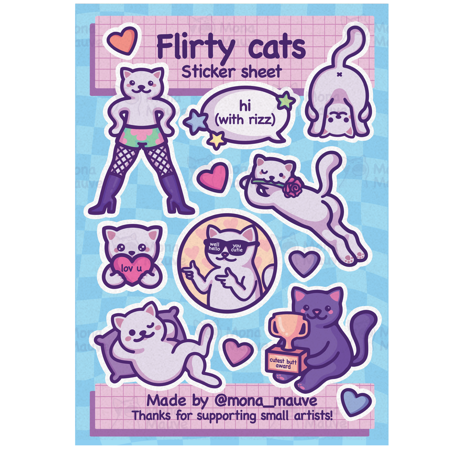 Flirty Cats Sticker Sheet | 13 Cute & Funny Vinyl Stickers