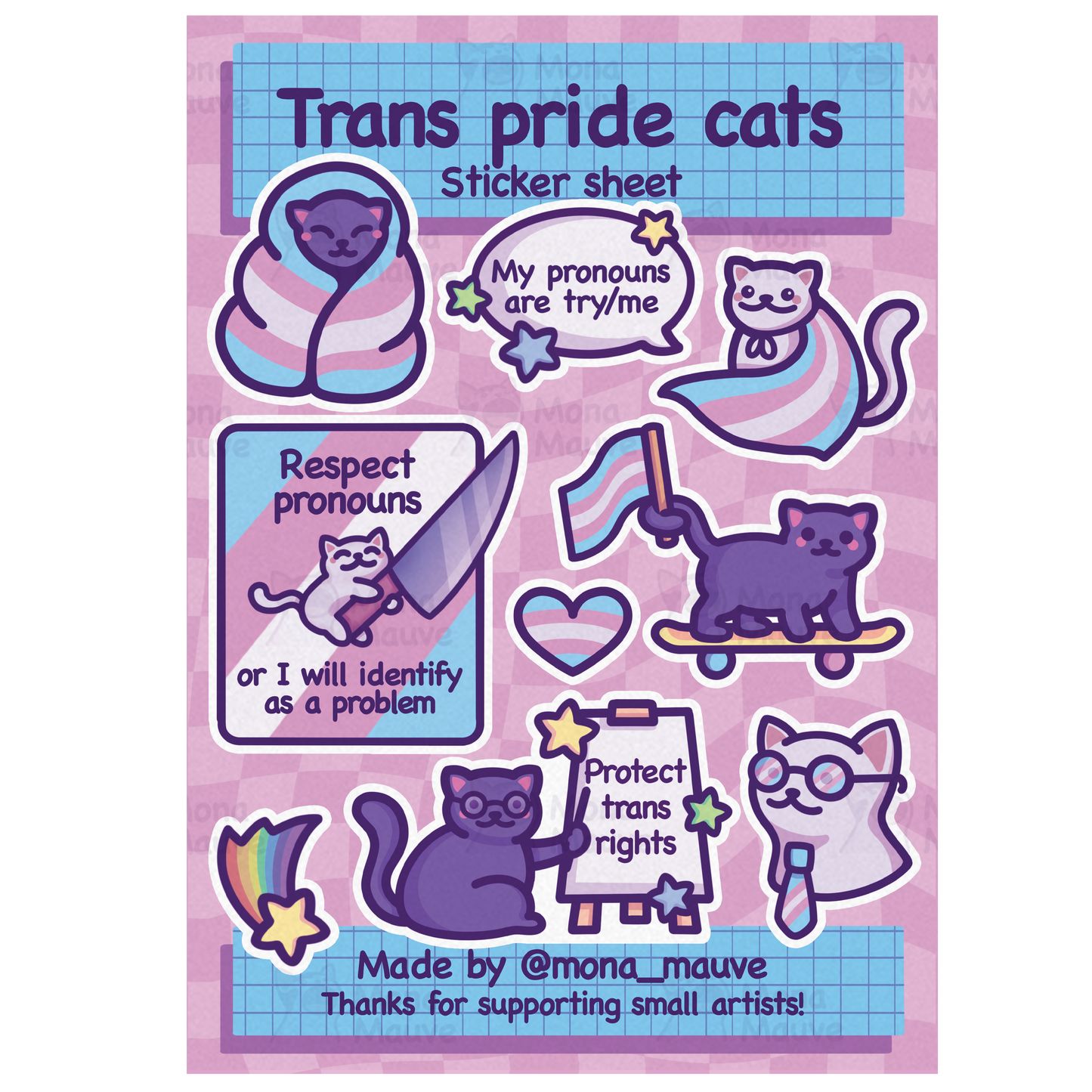 Trans Pride Cats Sticker Sheet | 9 Cute LGBTQ+ Vinyl & Waterproof Stickers