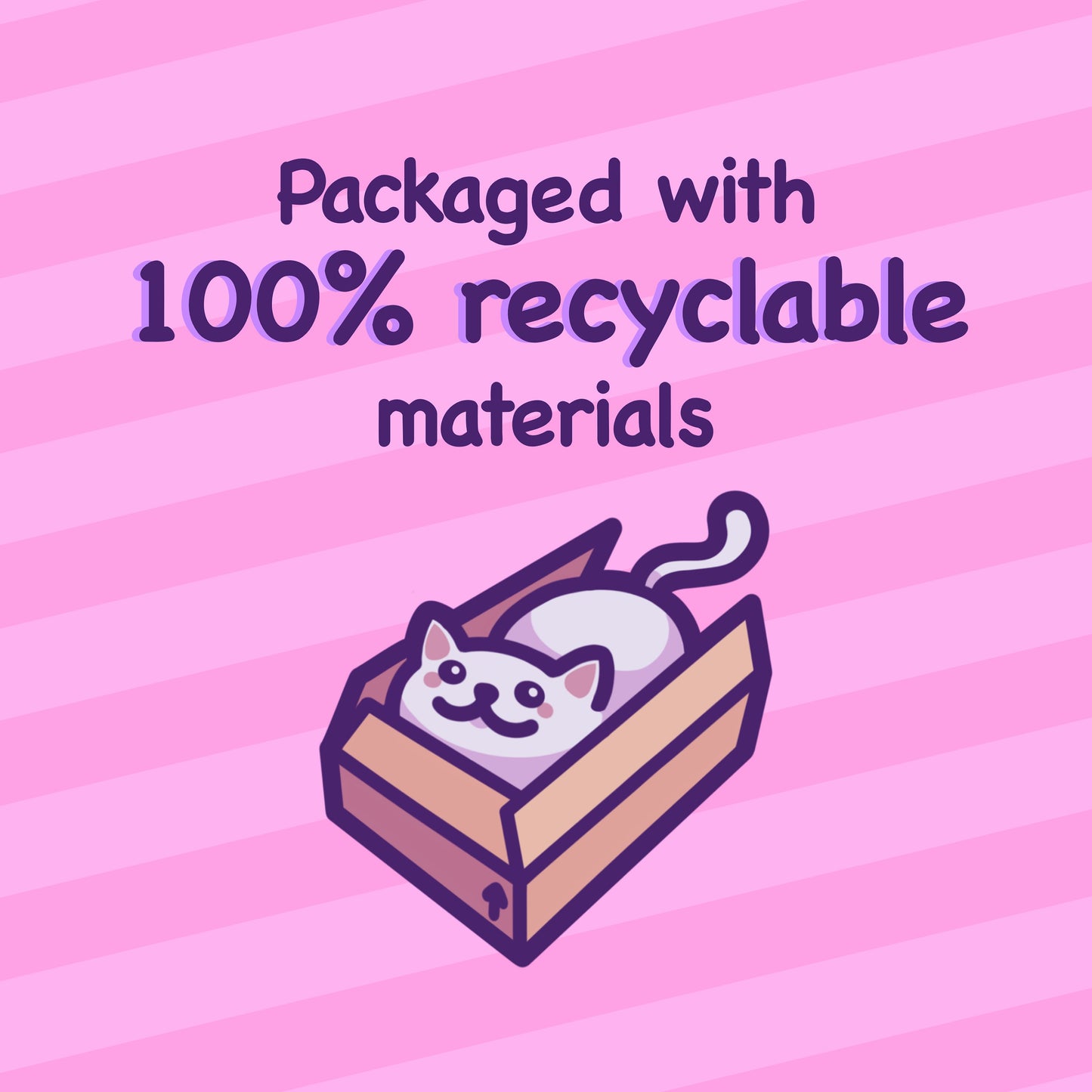 Cat in a box with '100% recyclable materials' text on a pink background