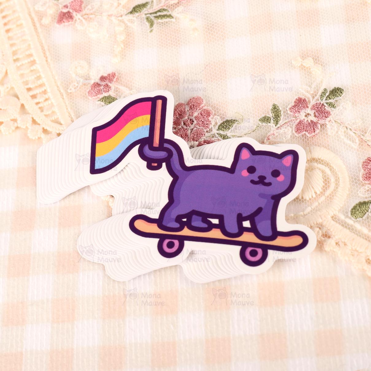 Cute Pansexual Pride Sticker | Cat on Skateboard with Pan Flag