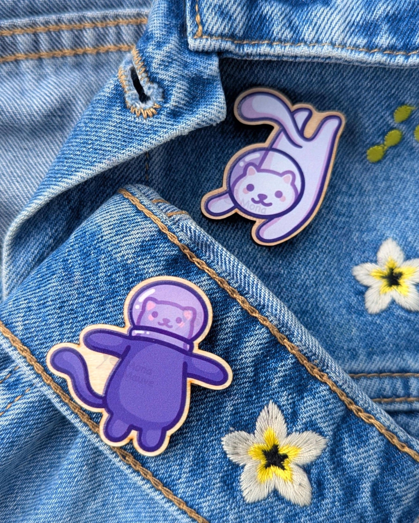 2 Cute Space Cat Wooden Pin Set