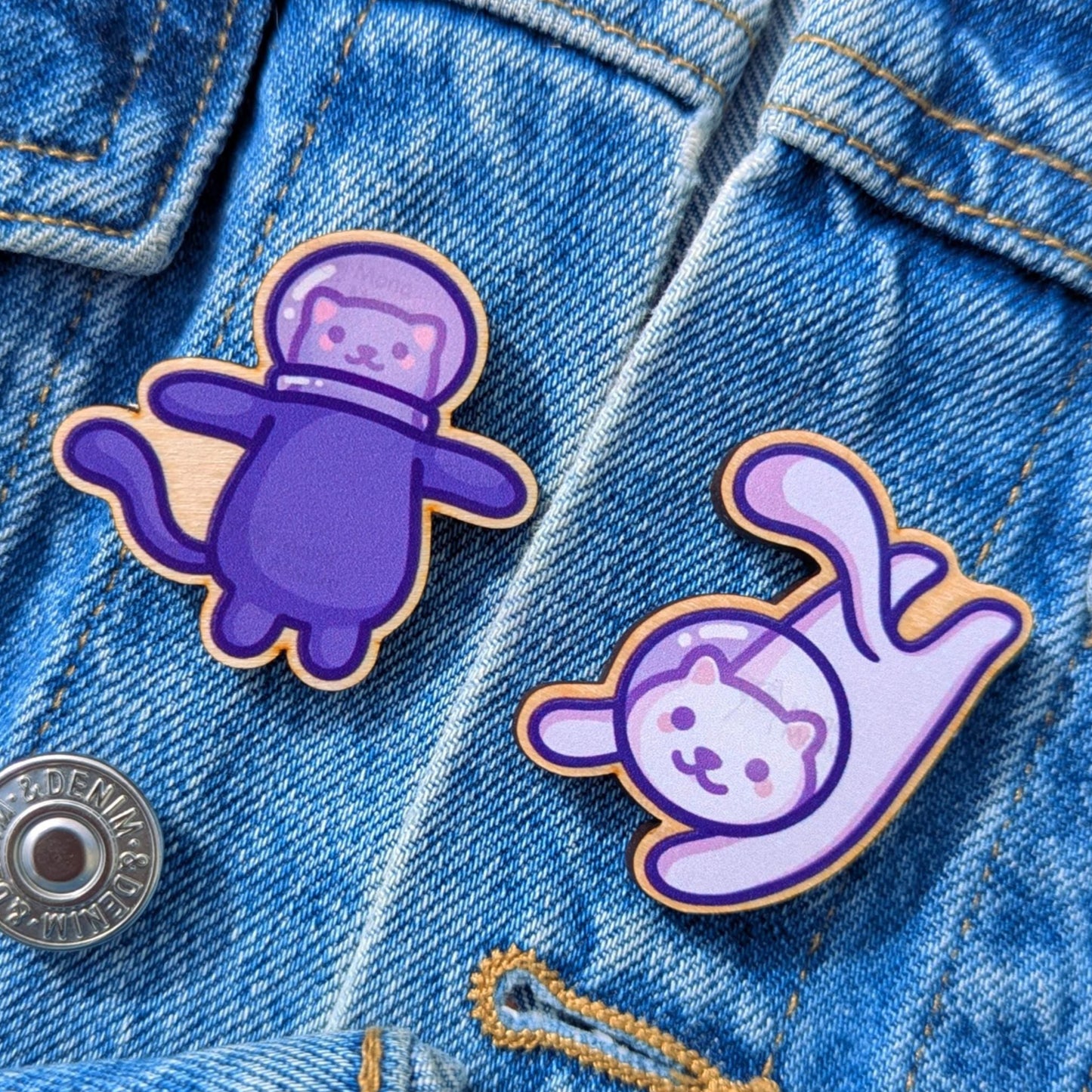 2 Cute Space Cat Wooden Pin Set