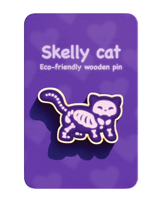 Skelly Cat Pin Badge | Cute Halloween Wooden Pin