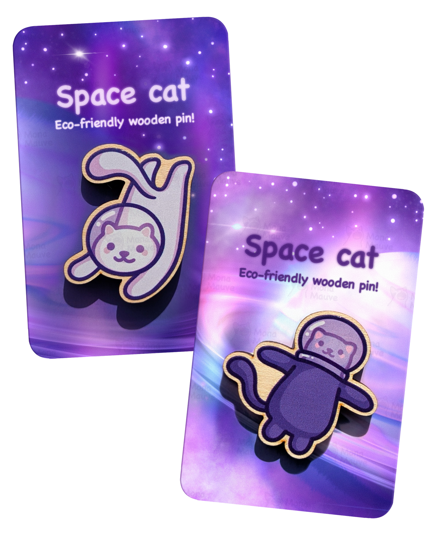 2 Cute Space Cat Wooden Pin Set
