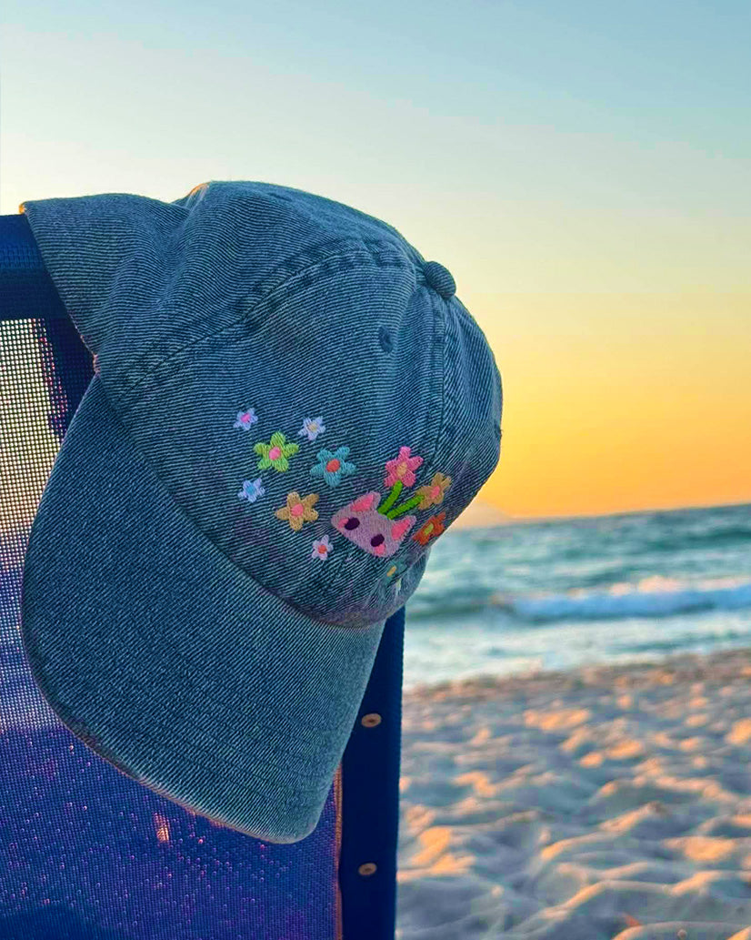 Floral Cat Embroidered Denim Cap | Kitty With Flowers | Pastel Summer Hat