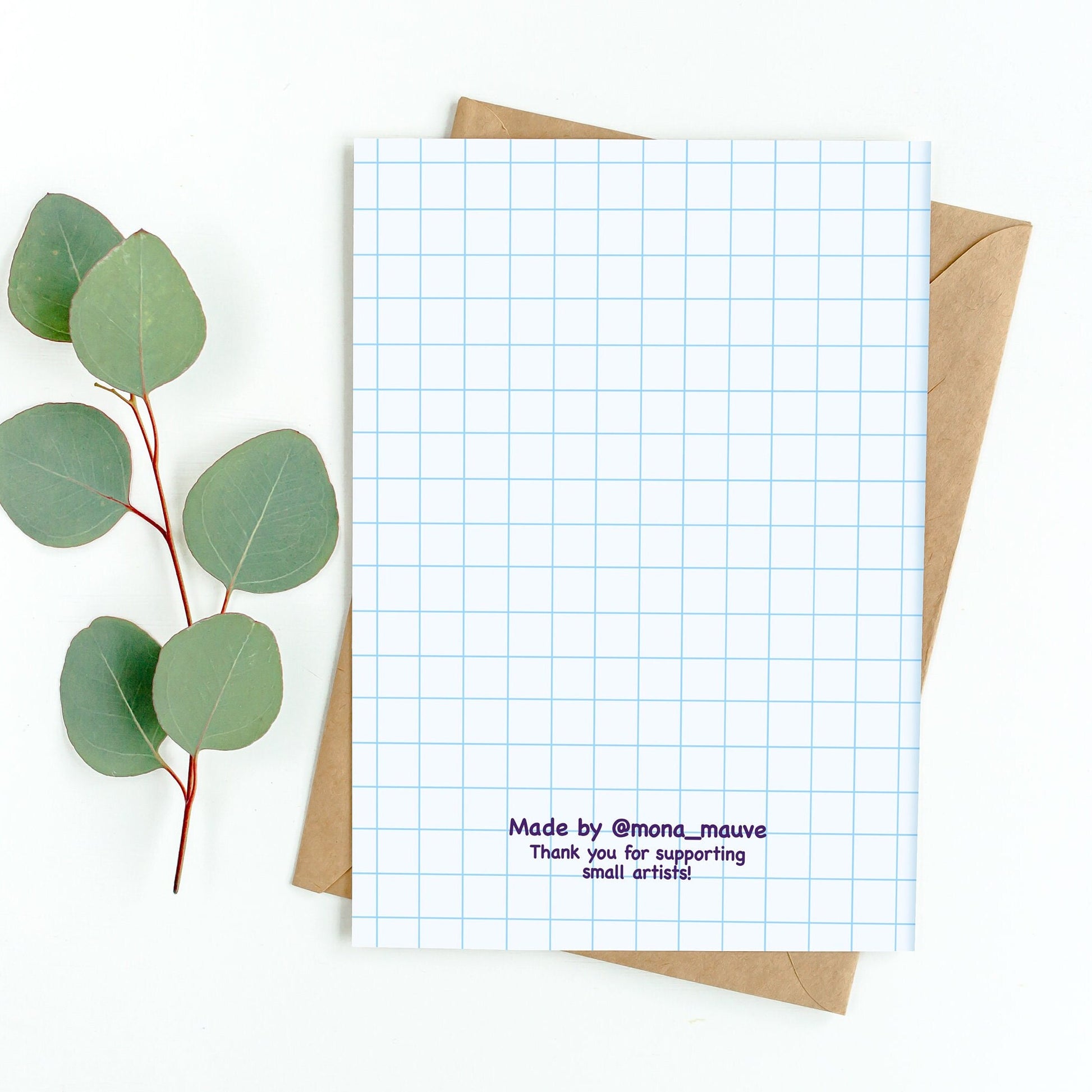 The back of the card. It reads: "Made by Mona Mauve. Thank you for supporting small artists!"