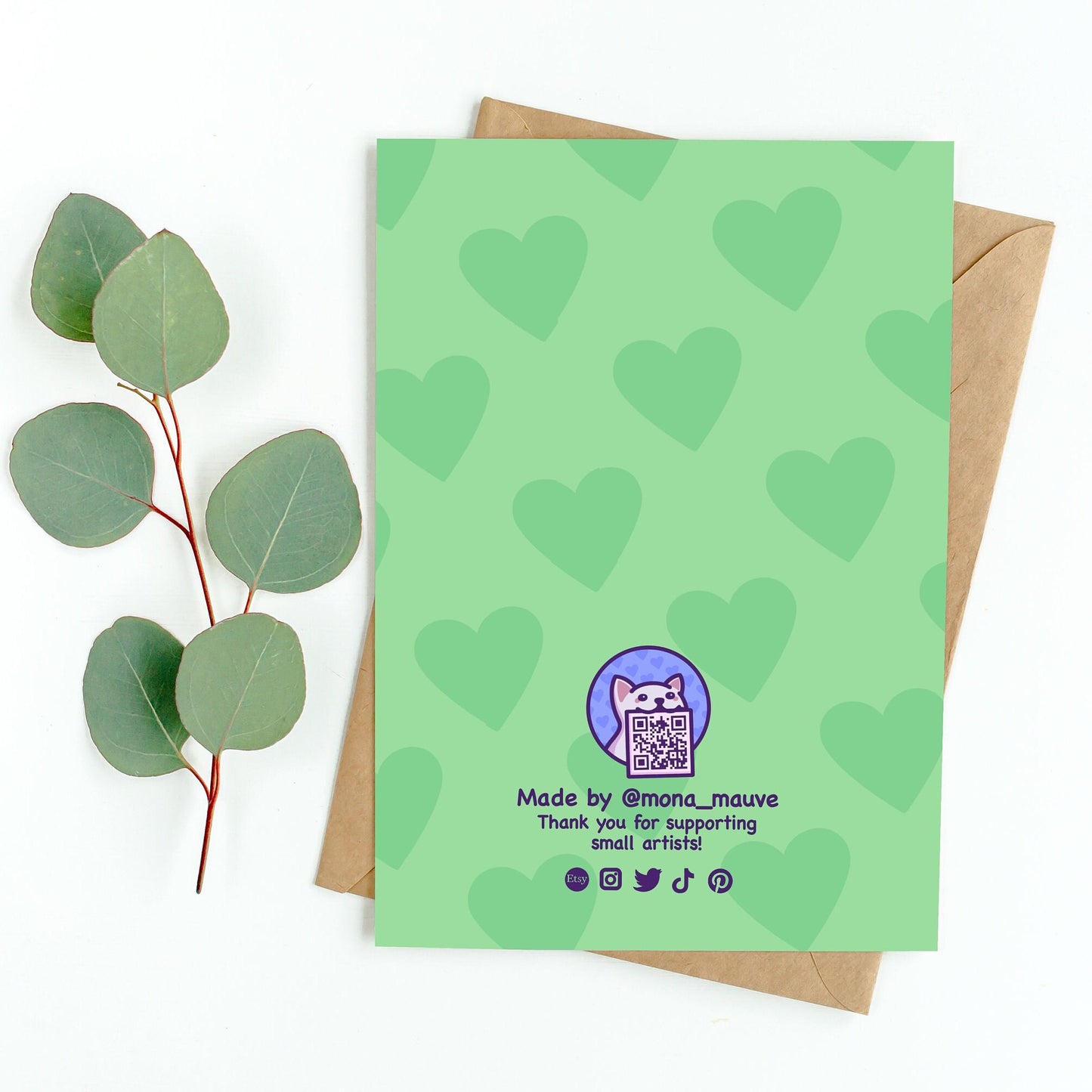 The back of the card. It reads: "Made by Mona Mauve. Thank you for supporting small artists!"