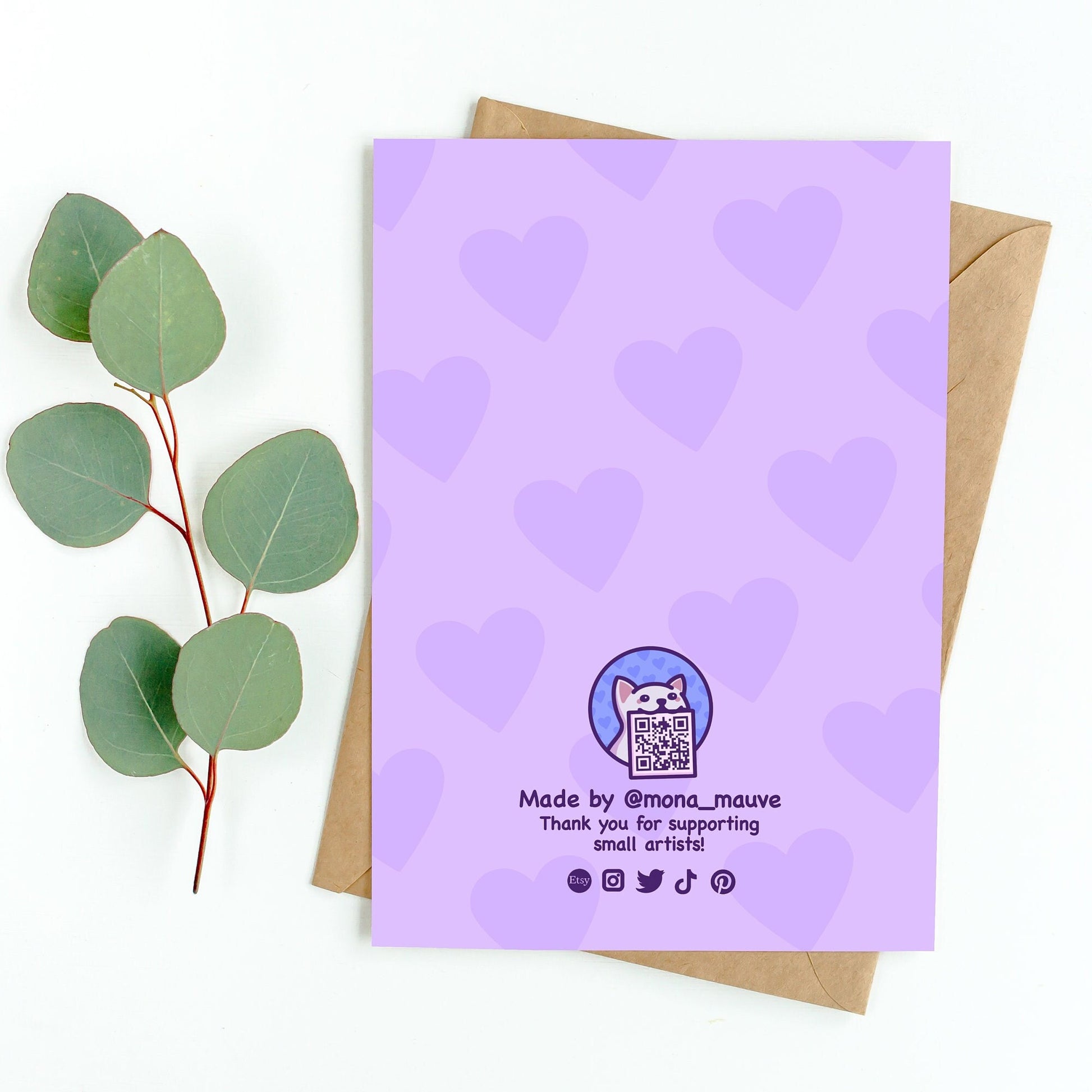 The back of the card. It reads: "Made by Mona Mauve. Thank you for supporting small artists!"