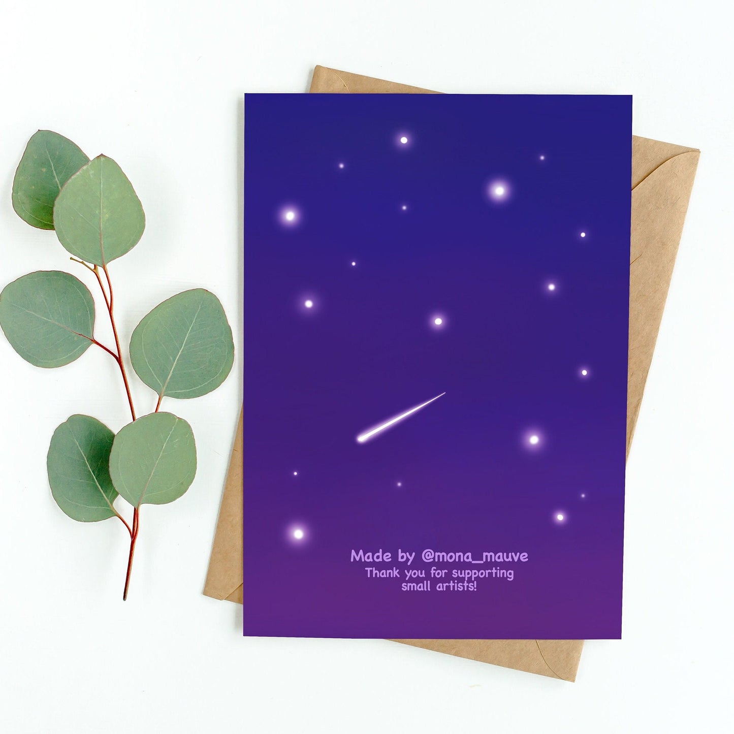 The back of the card. It reads: "Made by Mona Mauve. Thank you for supporting small artists!"