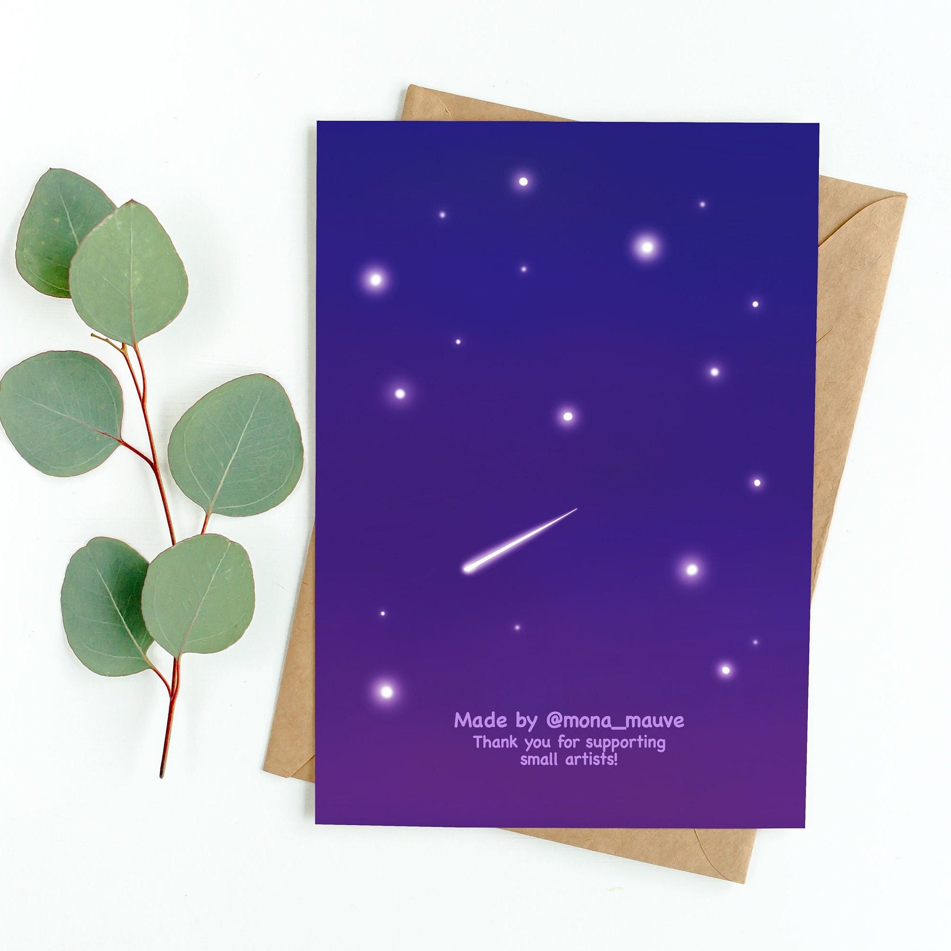 The back of the card. It reads: "Made by Mona Mauve. Thank you for supporting small artists!"