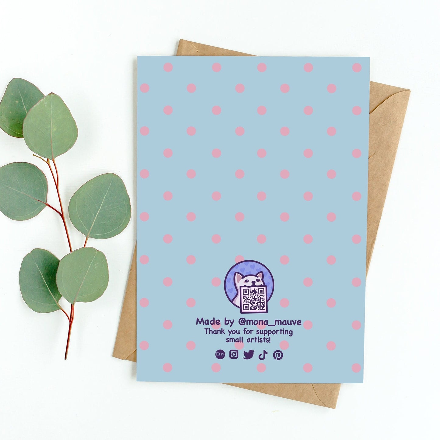 The back of the card. It reads: "Made by Mona Mauve. Thank you for supporting small artists!"