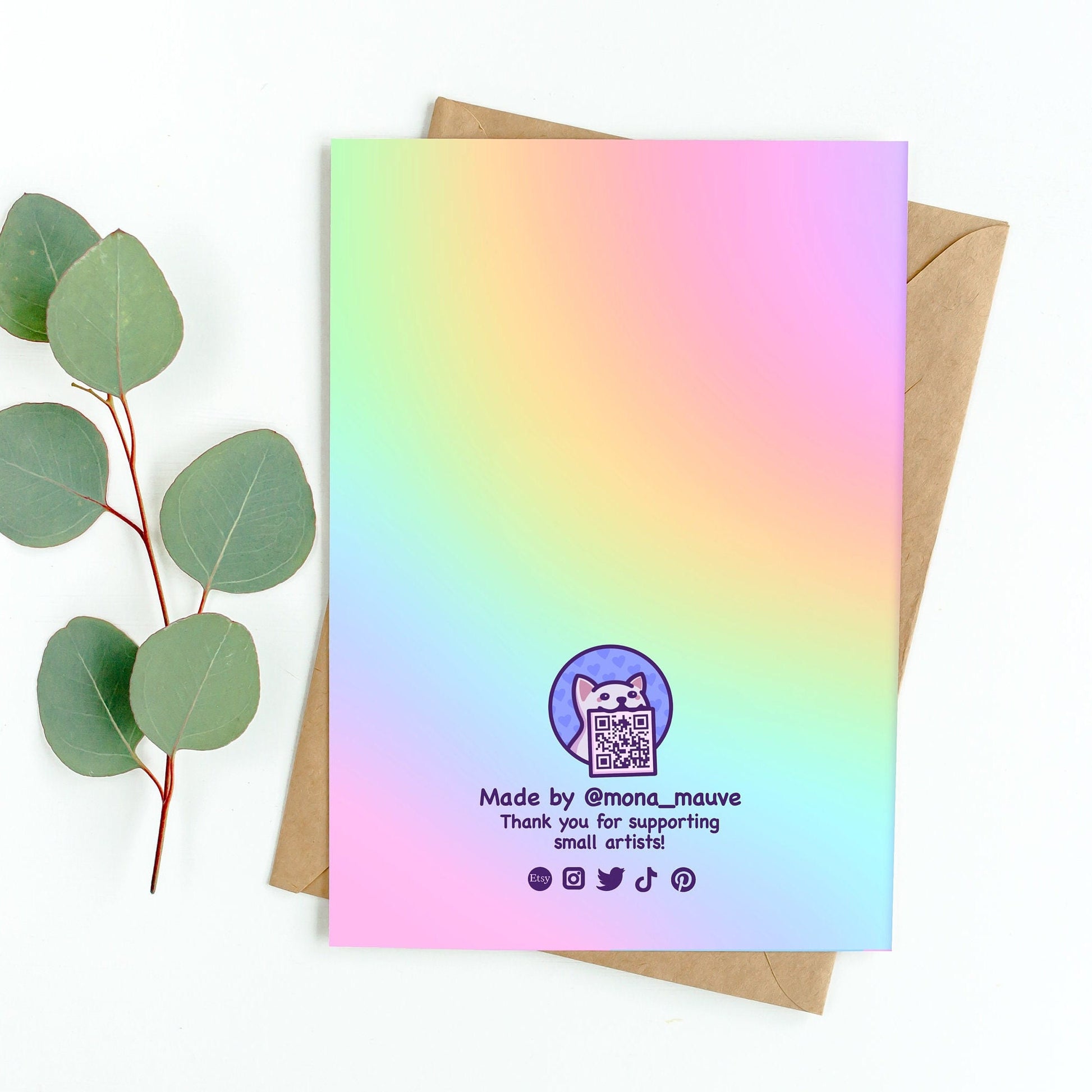 The back of the card. It reads: "Made by Mona Mauve. Thank you for supporting small artists!"
