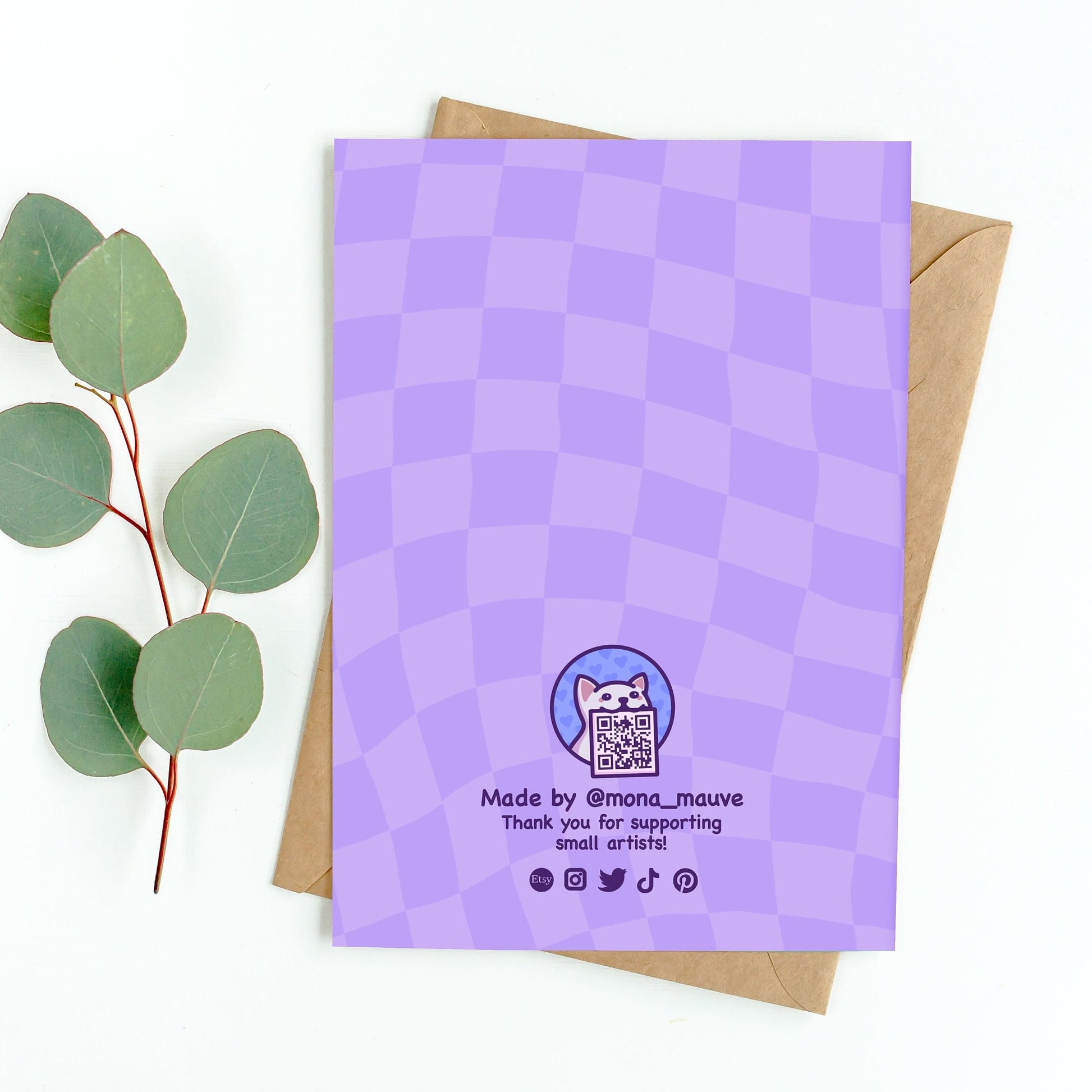 The back of the card. It reads: "Made by Mona Mauve. Thank you for supporting small artists!"