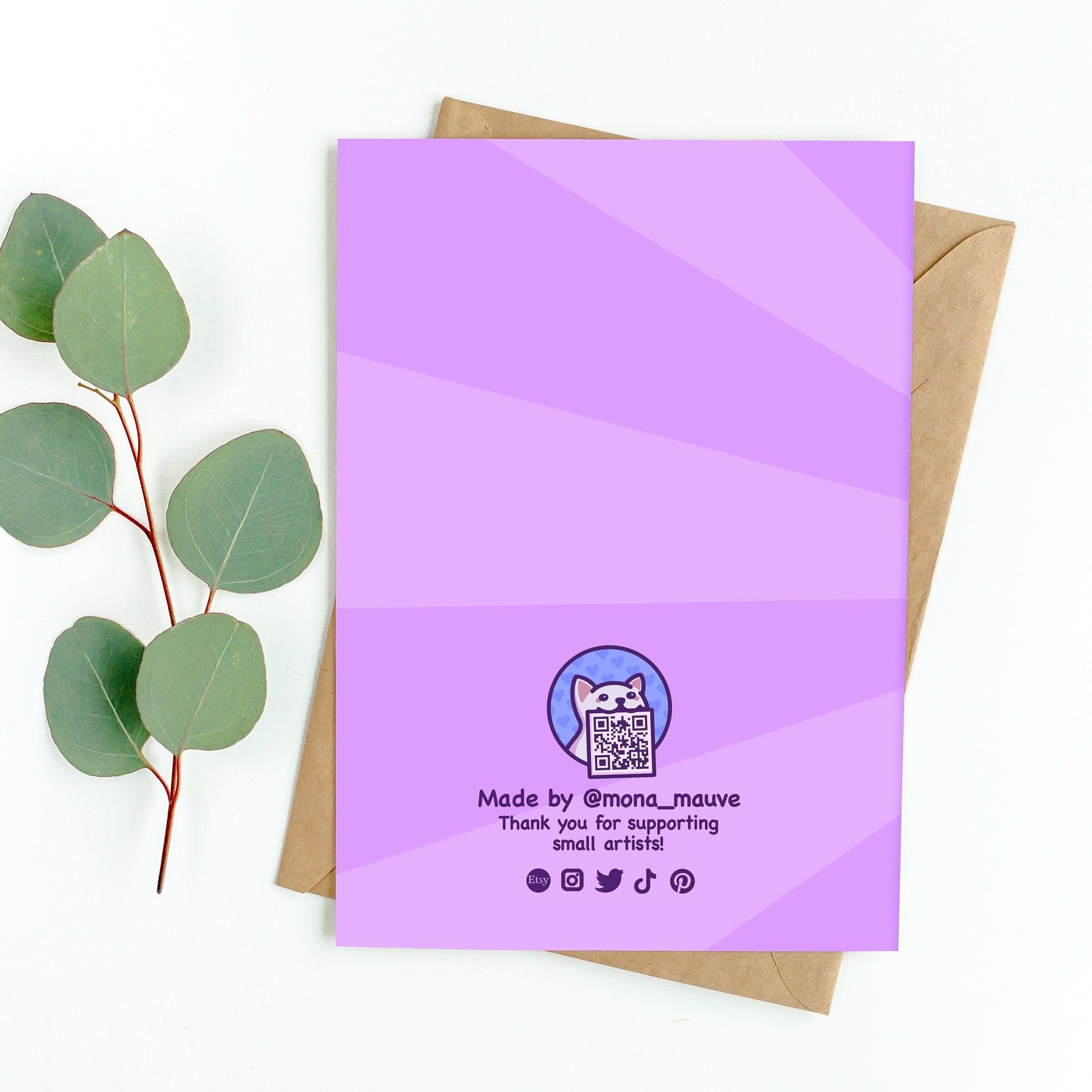 The back of the card. It reads: "Made by Mona Mauve. Thank you for supporting small artists!"