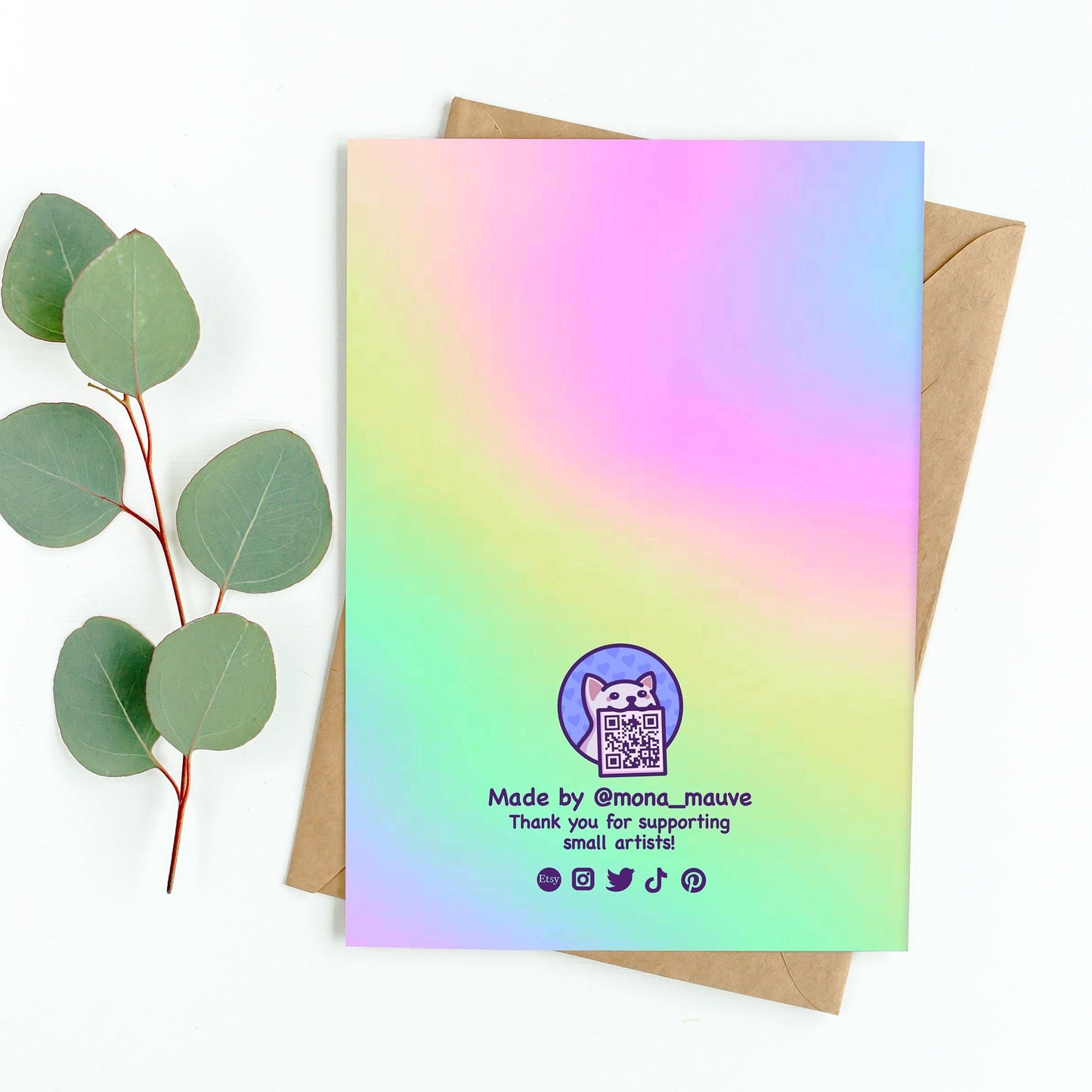 The back of the card. It reads: "Made by Mona Mauve. Thank you for supporting small artists!"