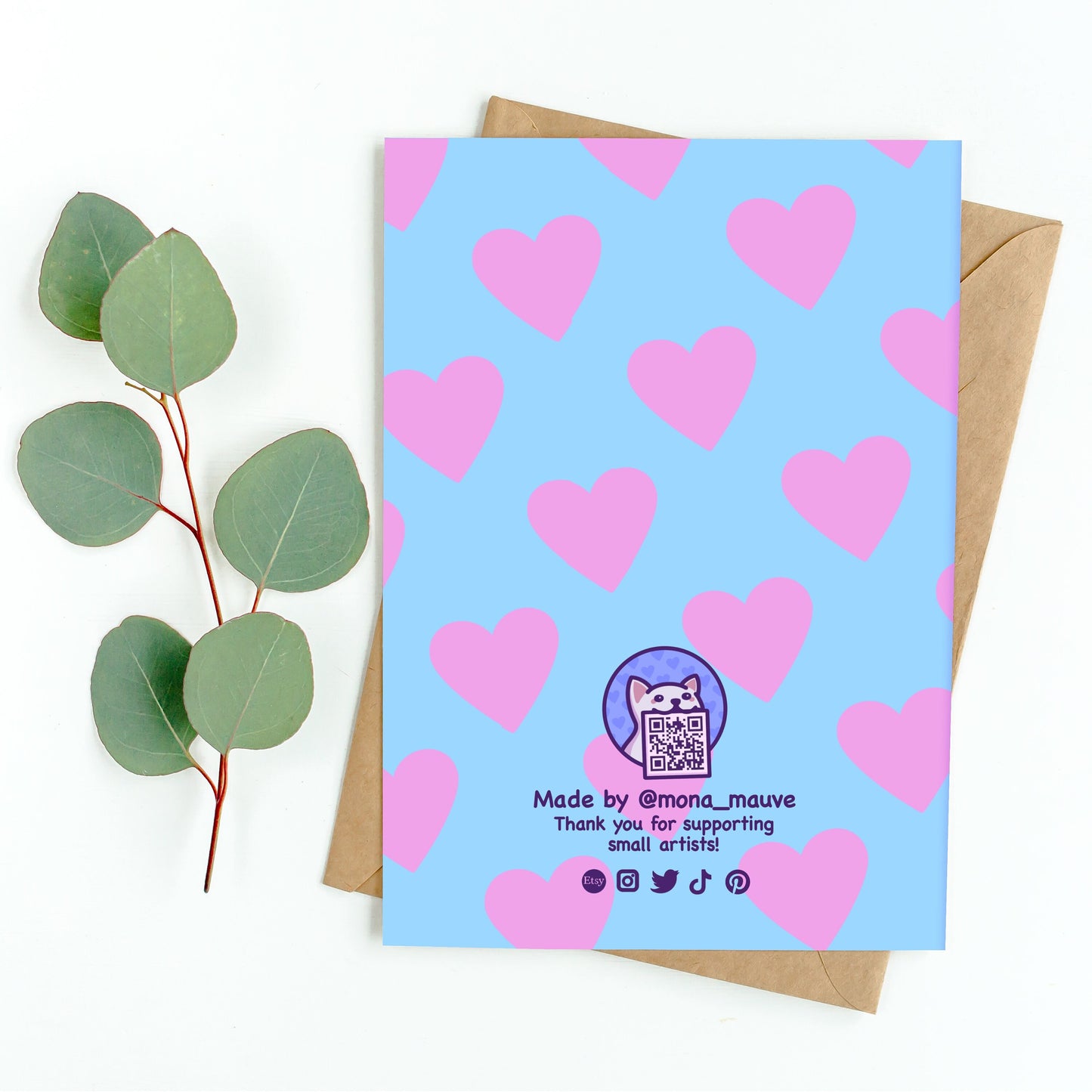 The back of the card. It reads: "Made by Mona Mauve. Thank you for supporting small artists!"