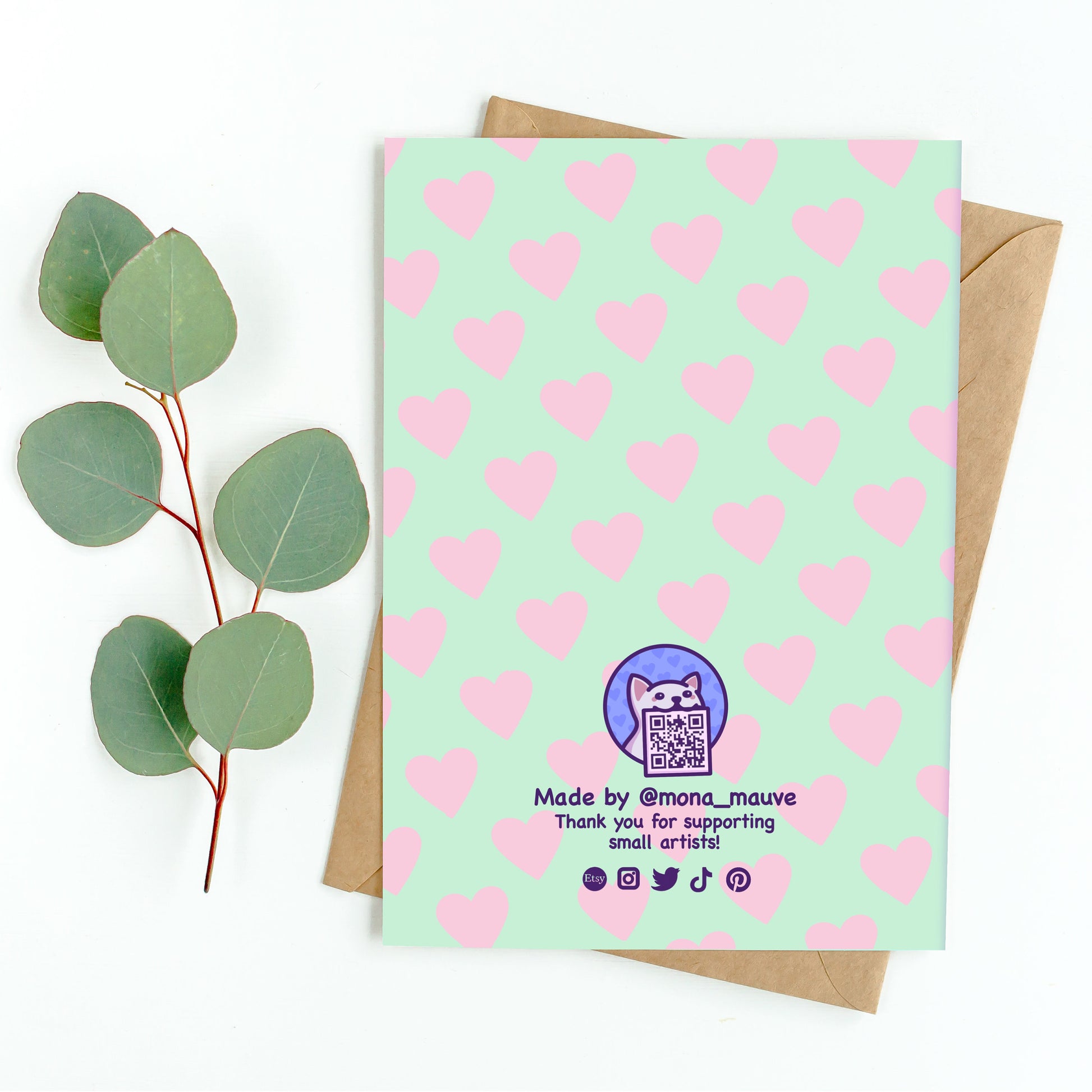 The back of the card. It reads: "Made by Mona Mauve. Thank you for supporting small artists!"