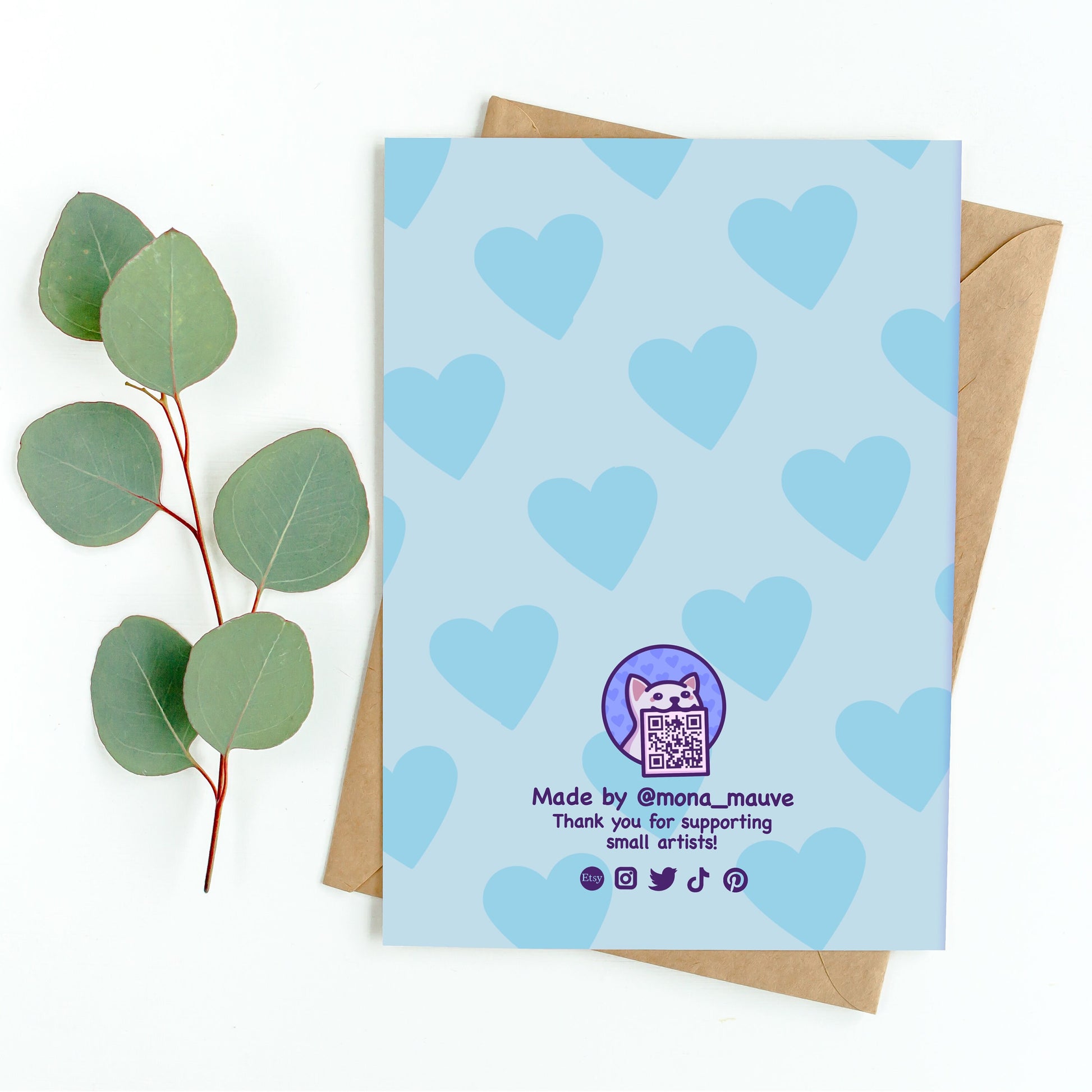 The back of the card. It reads: "Made by Mona Mauve. Thank you for supporting small artists!"