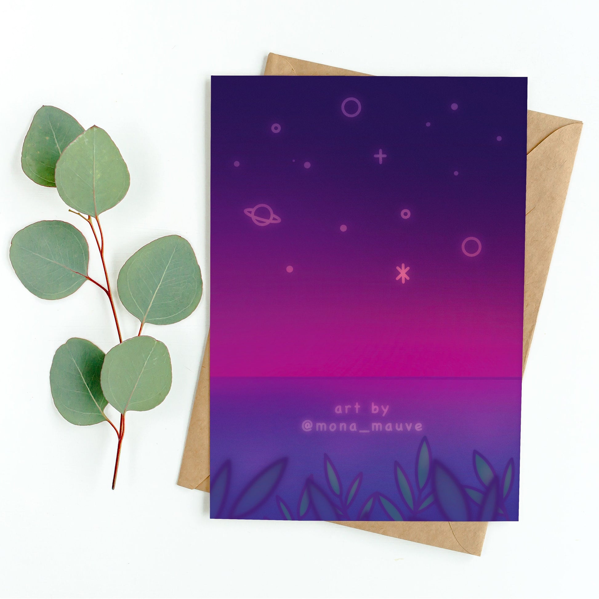 The back of the card. It reads: "Made by Mona Mauve. Thank you for supporting small artists!"