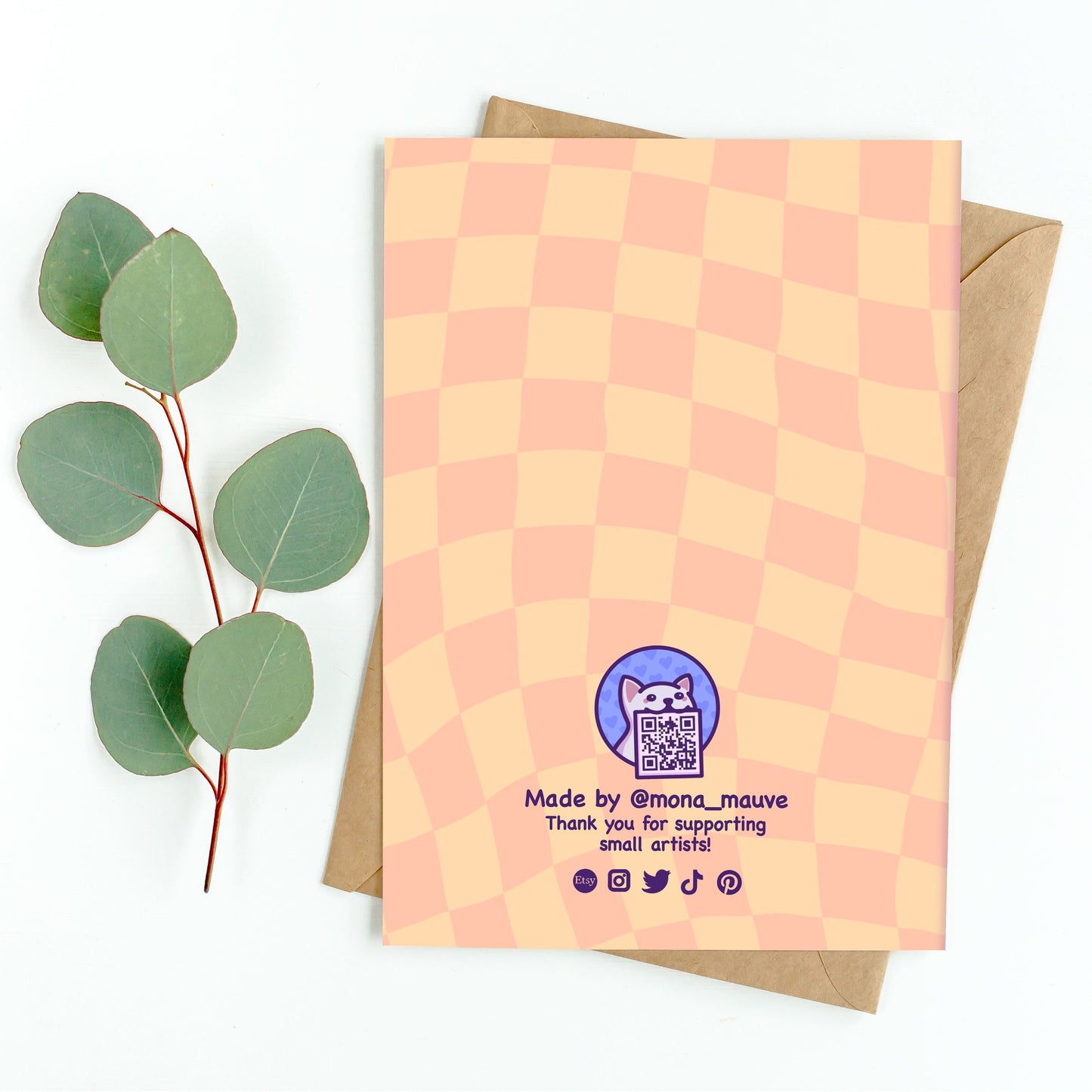 The back of the card. It reads: "Made by Mona Mauve. Thank you for supporting small artists!"