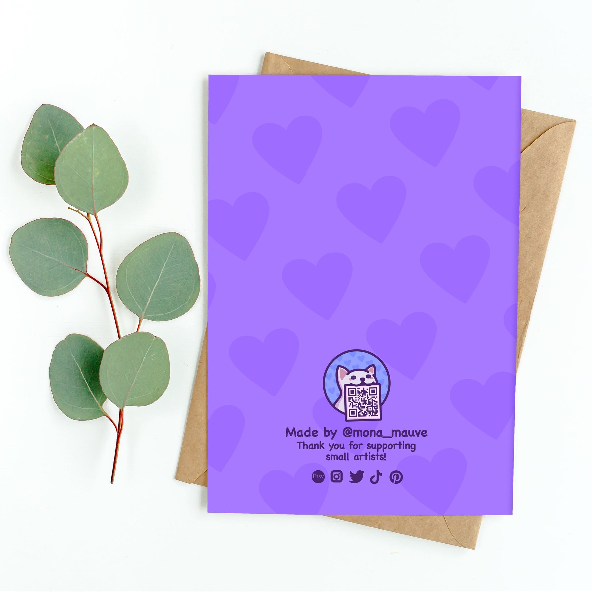 The back of the card. It reads: "Made by Mona Mauve. Thank you for supporting small artists!"
