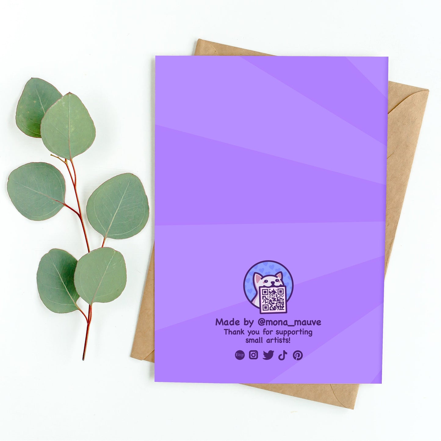 The back of the card. It reads: "Made by Mona Mauve. Thank you for supporting small artists!"