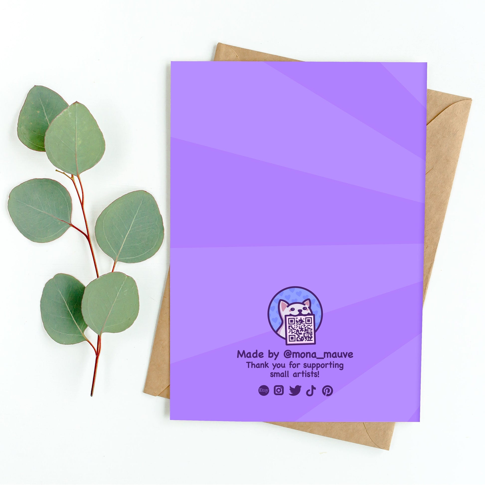 The back of the card. It reads: "Made by Mona Mauve. Thank you for supporting small artists!"