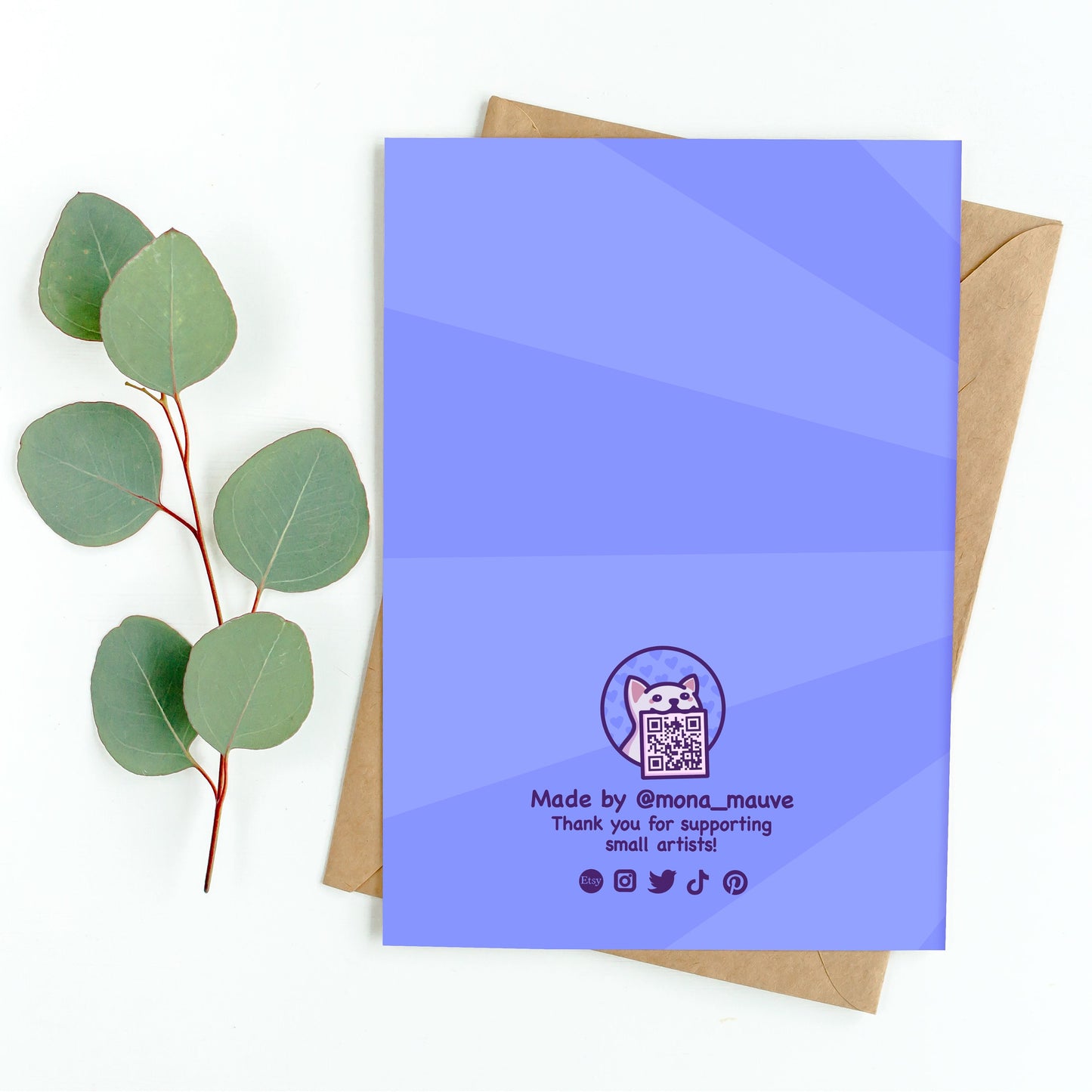 The back of the card. It reads: "Made by Mona Mauve. Thank you for supporting small artists!"