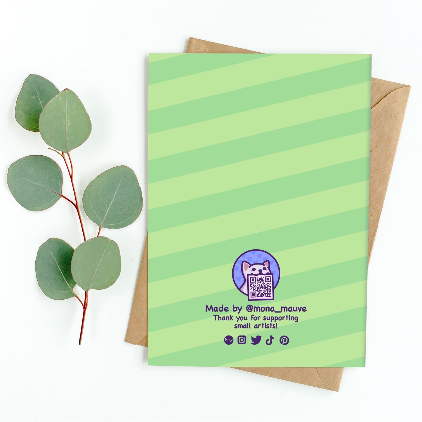 The back of the card. It reads: "Made by Mona Mauve. Thank you for supporting small artists!"