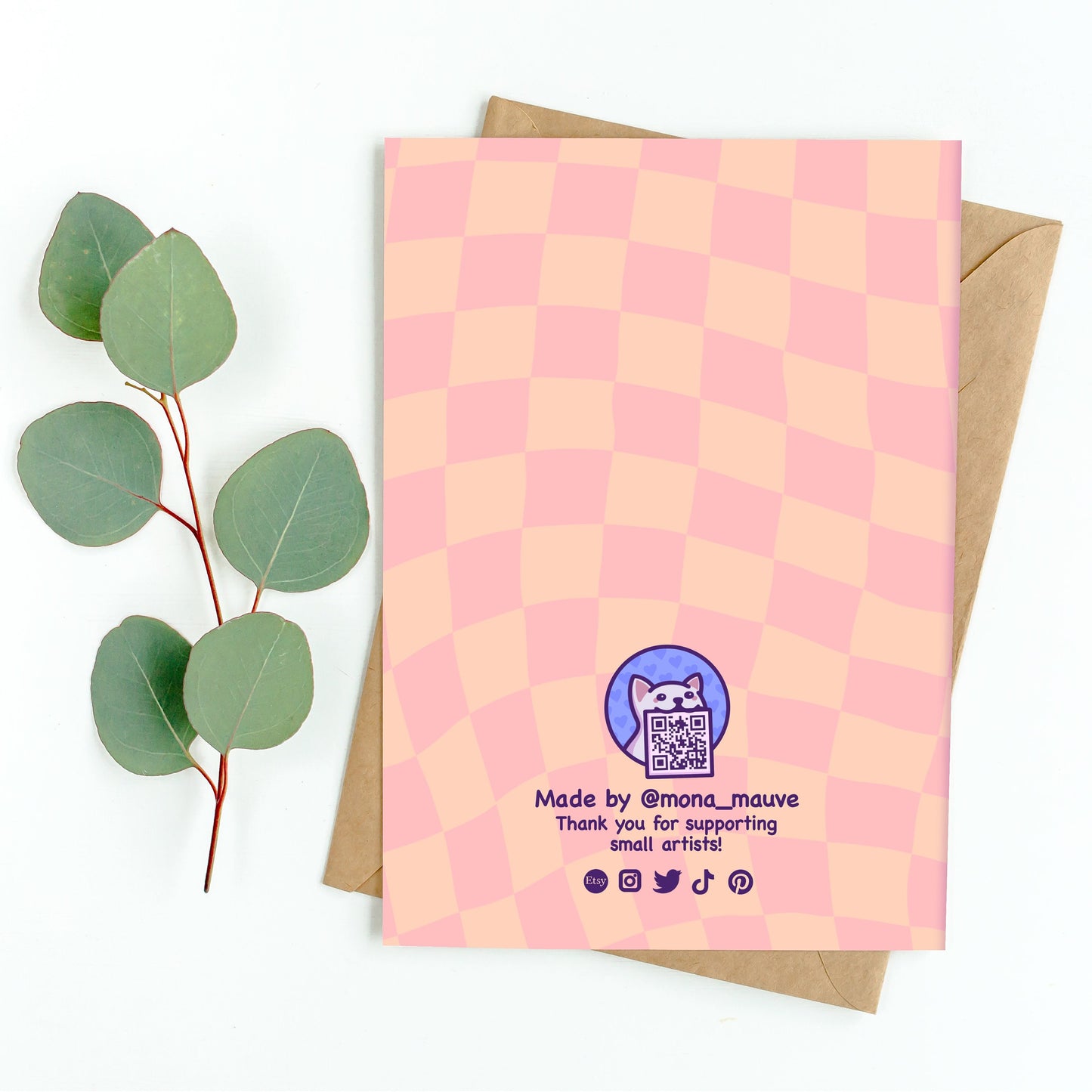 The back of the card. It reads: "Made by Mona Mauve. Thank you for supporting small artists!"