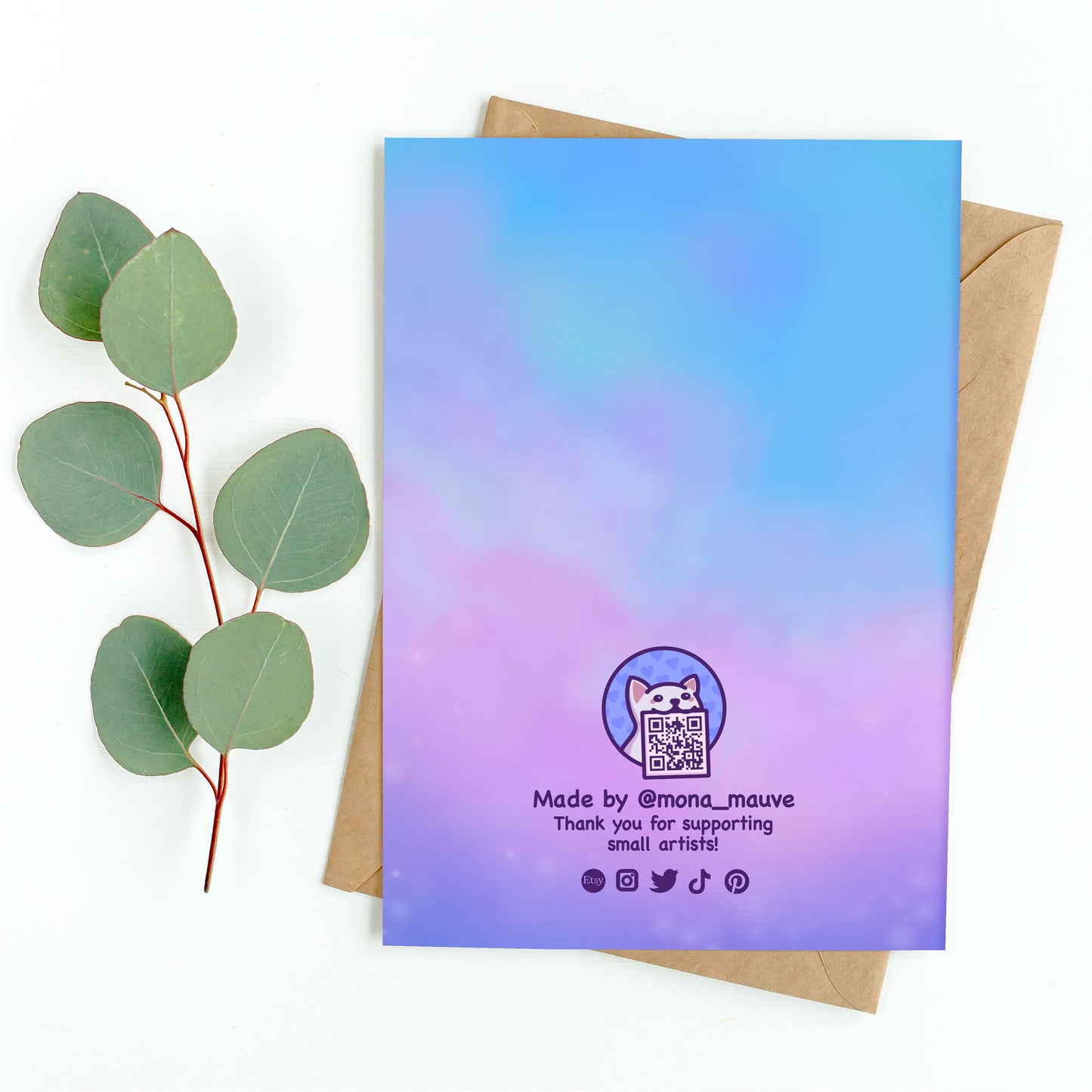 The back of the card. It reads: "Made by Mona Mauve. Thank you for supporting small artists!"