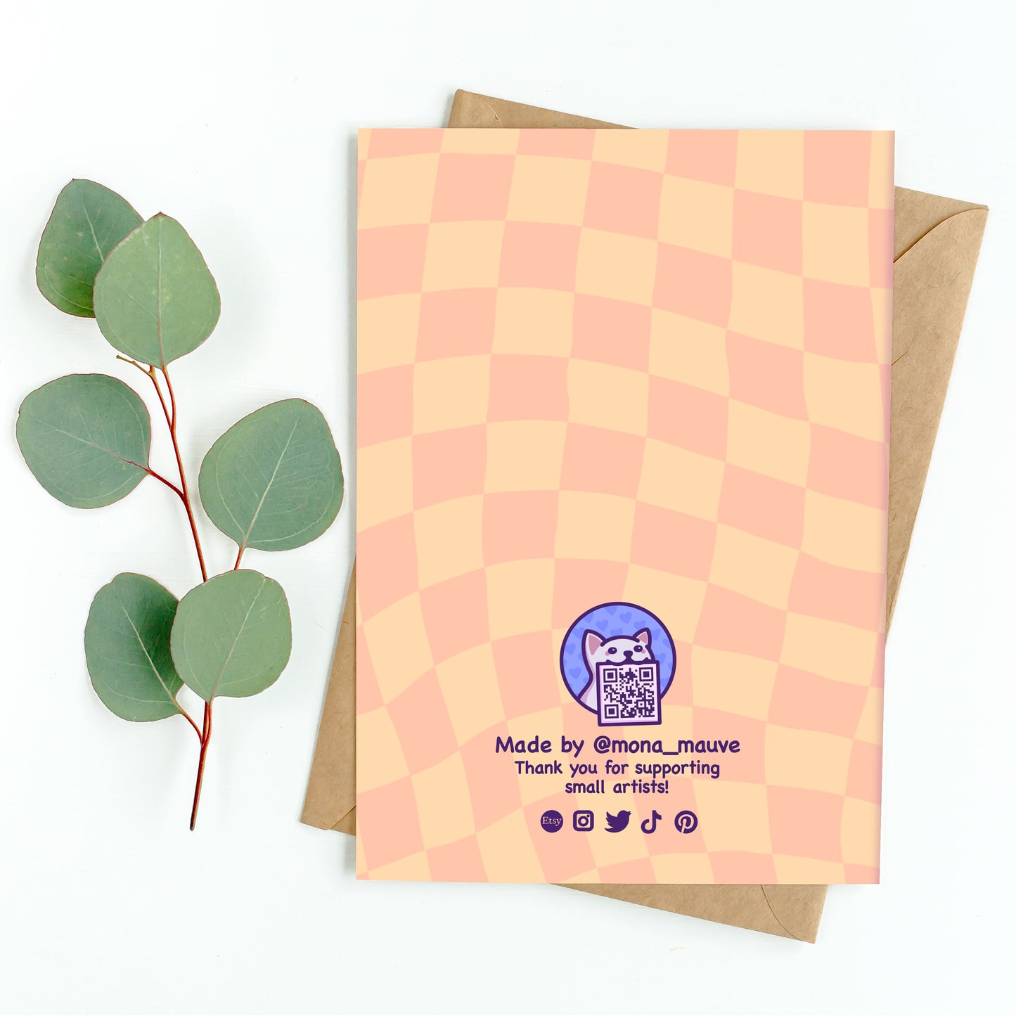 The back of the card. It reads: "Made by Mona Mauve. Thank you for supporting small artists!"
