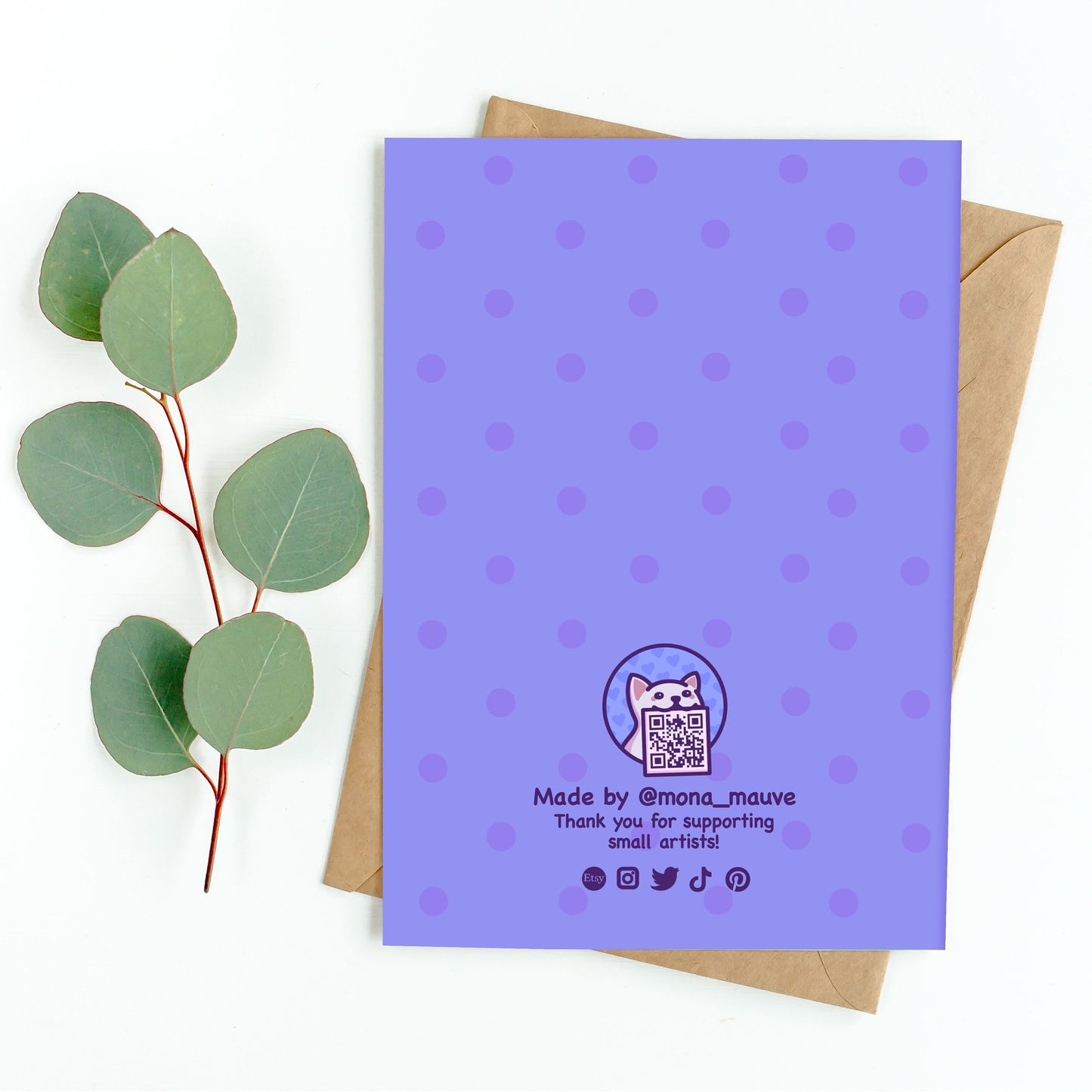 The back of the card. It reads: "Made by Mona Mauve. Thank you for supporting small artists!"
