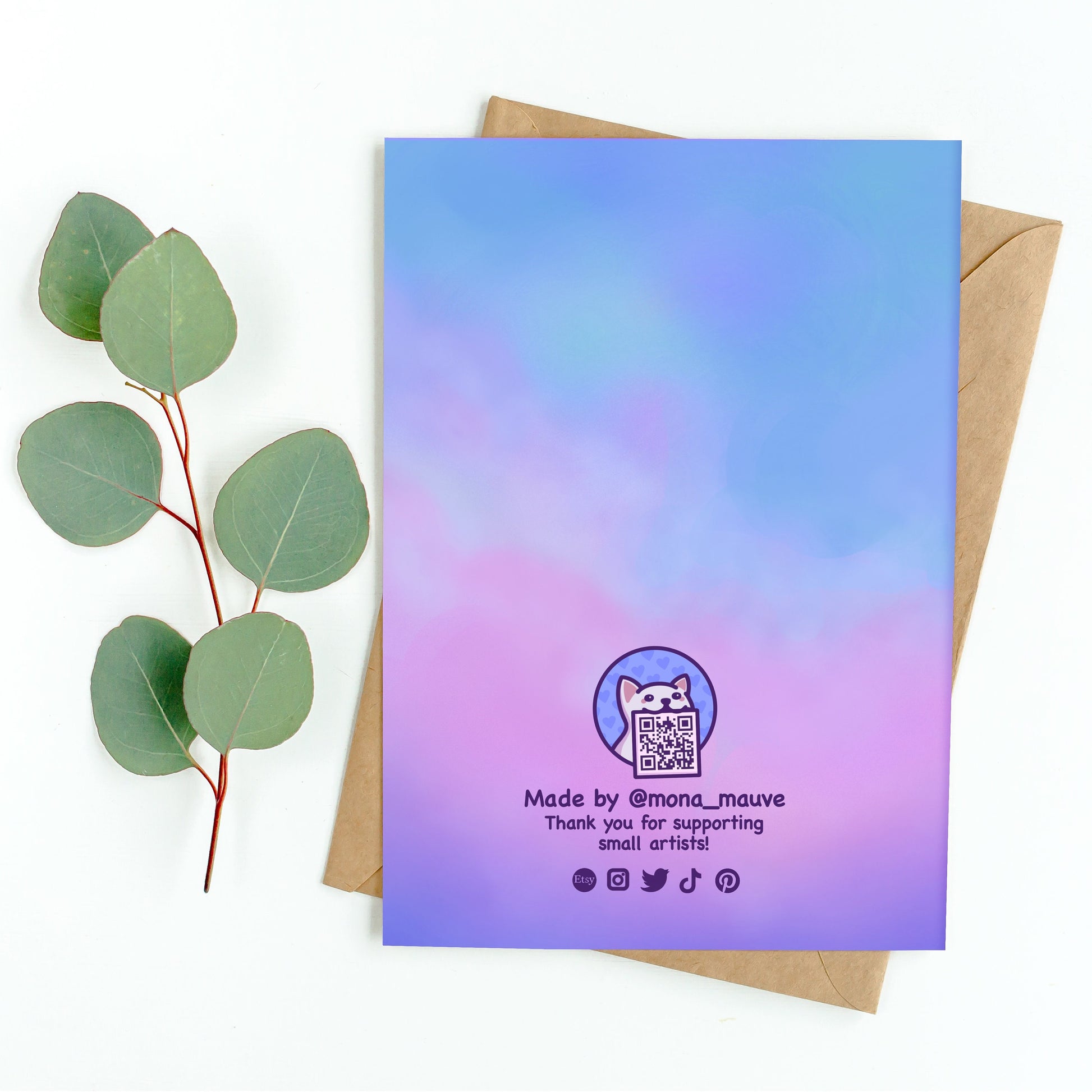 The back of the card. It reads: "Made by Mona Mauve. Thank you for supporting small artists!"