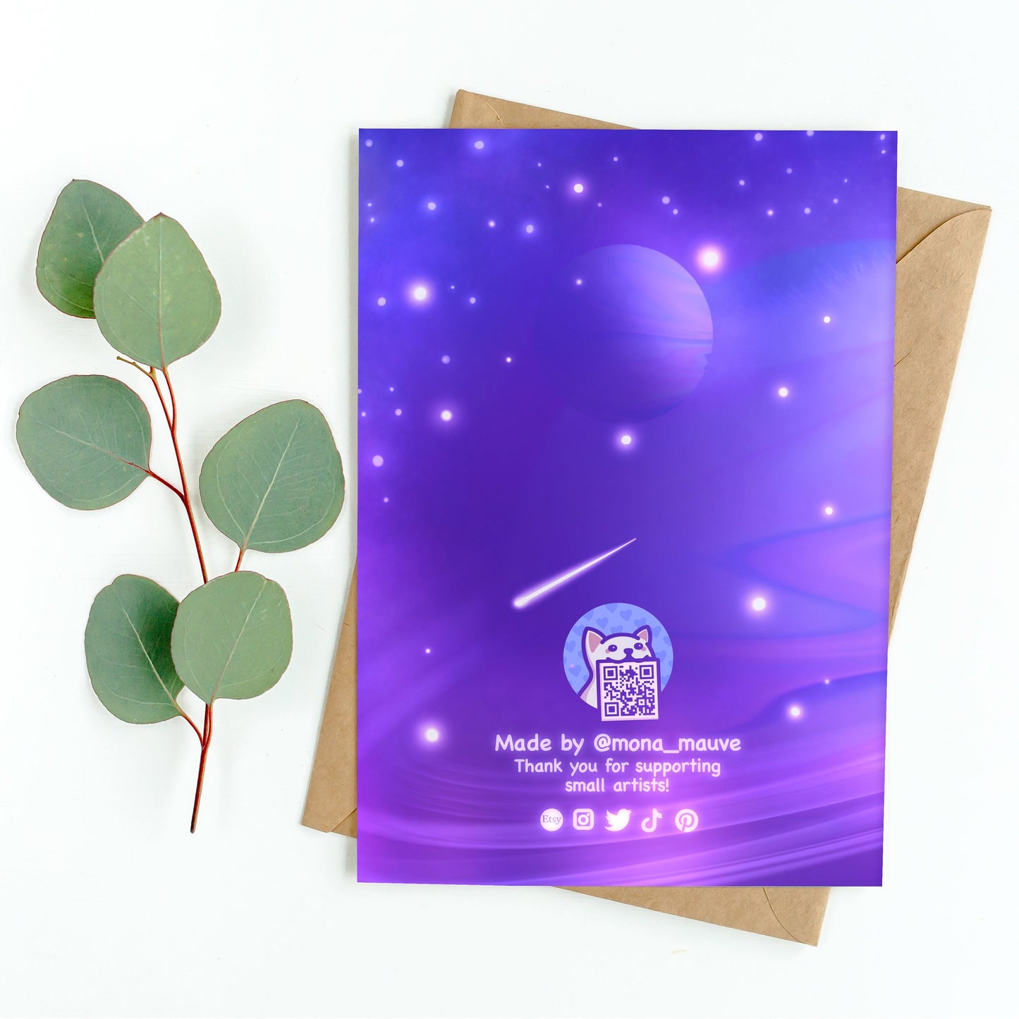The back of the card. It reads: "Made by Mona Mauve. Thank you for supporting small artists!"