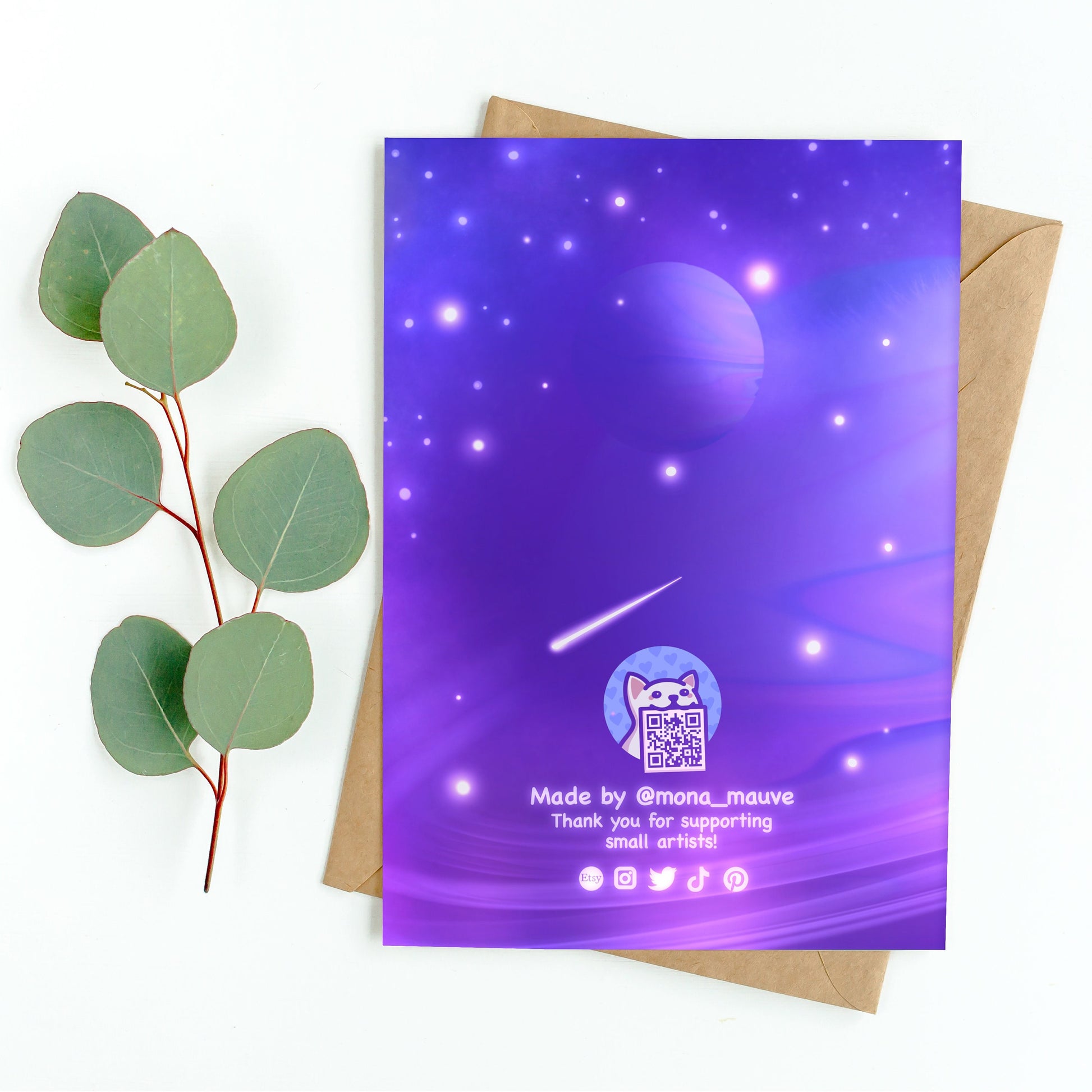 The back of the card. It reads: "Made by Mona Mauve. Thank you for supporting small artists!"