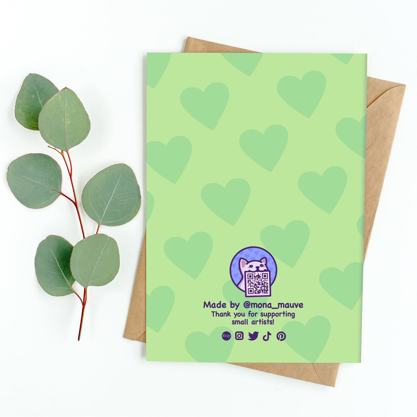 The back of the card. It reads: "Made by Mona Mauve. Thank you for supporting small artists!"