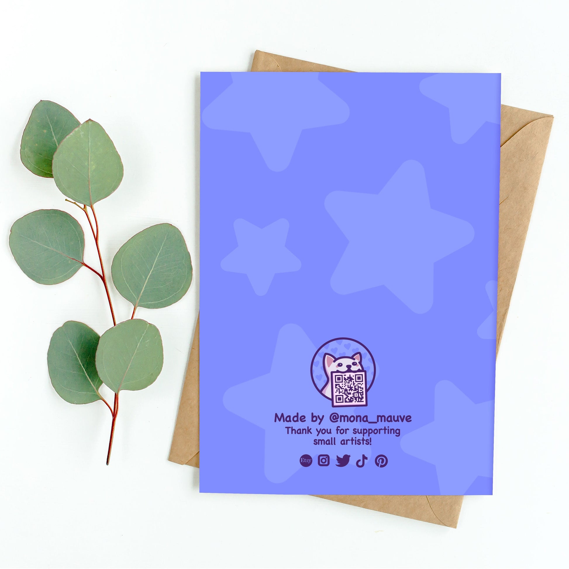 The back of the card. It reads: "Made by Mona Mauve. Thank you for supporting small artists!"
