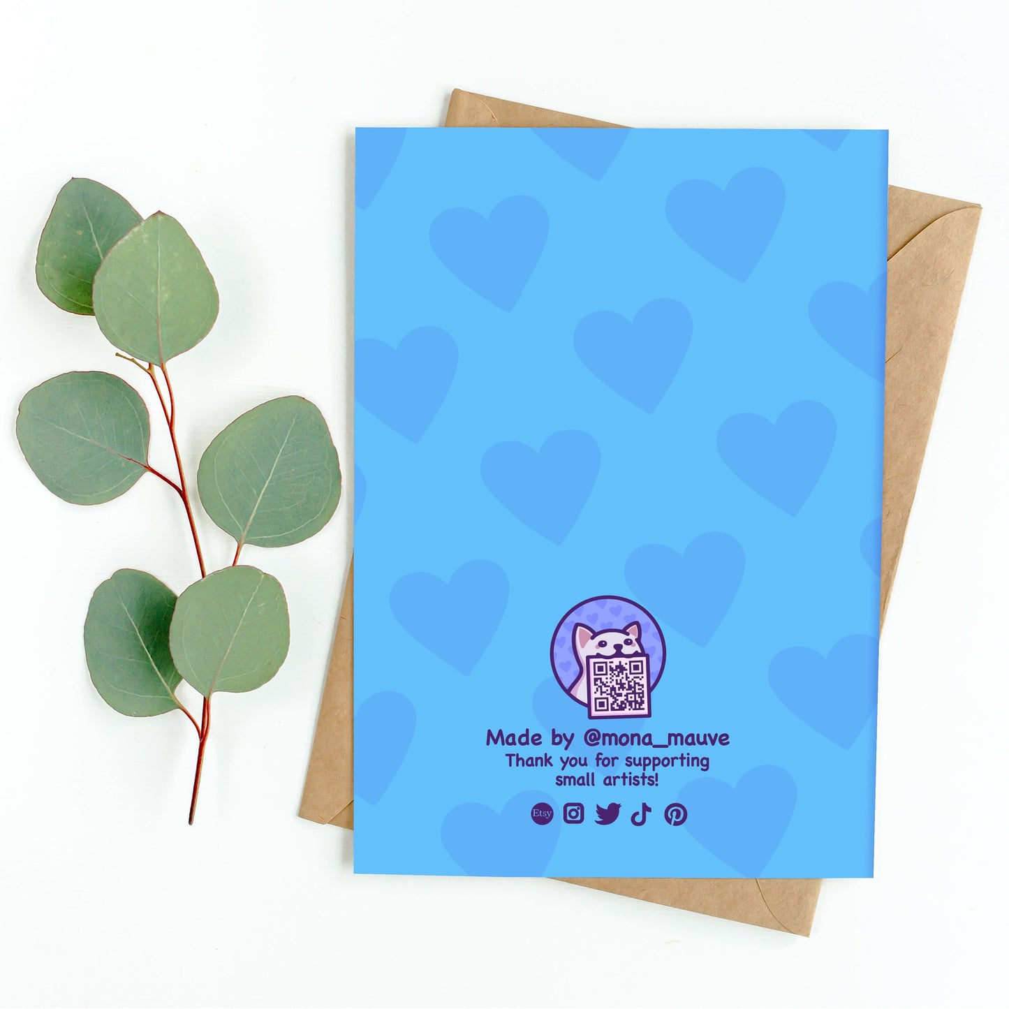 The back of the card. It reads: "Made by Mona Mauve. Thank you for supporting small artists!"