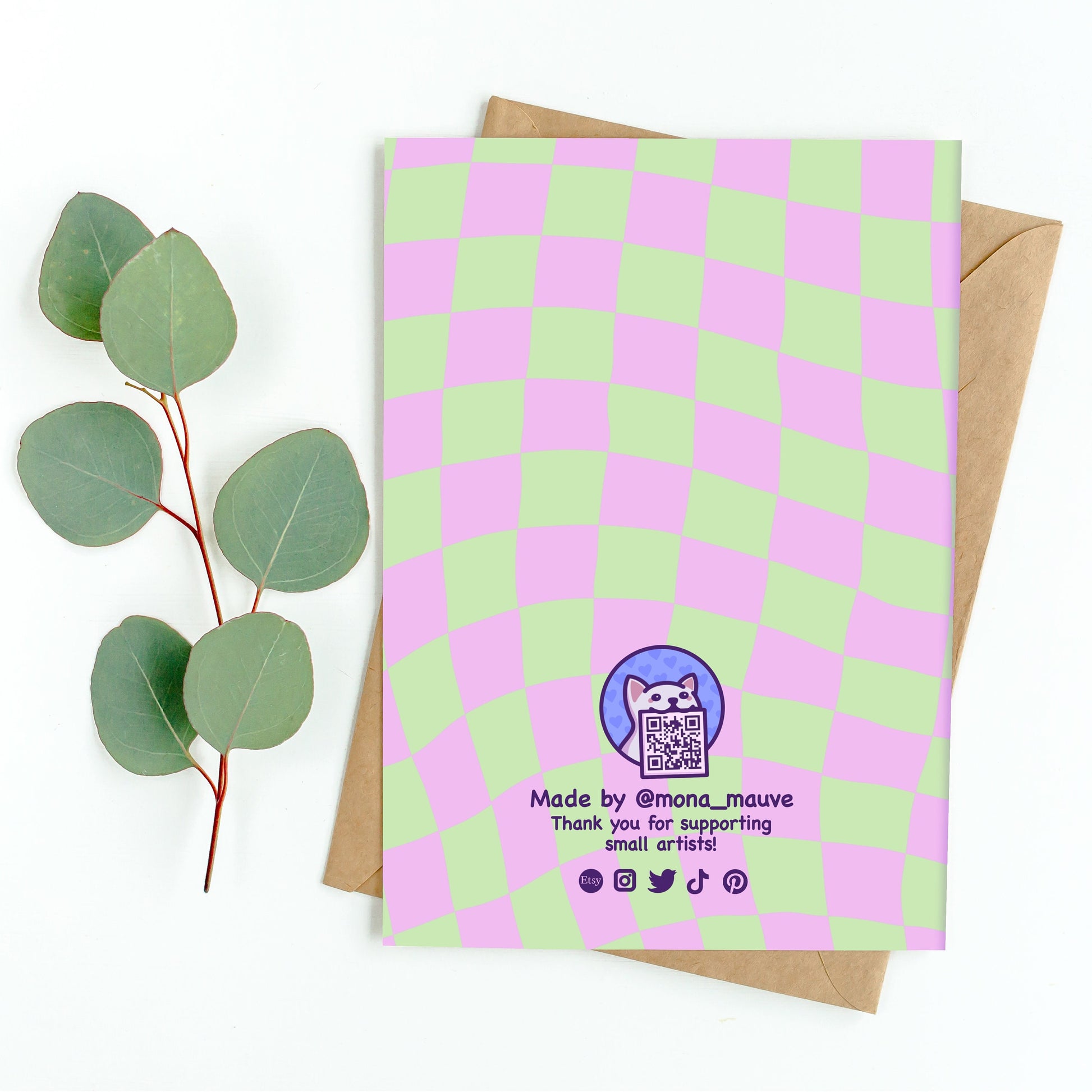 The back of the card. It reads: "Made by Mona Mauve. Thank you for supporting small artists!"
