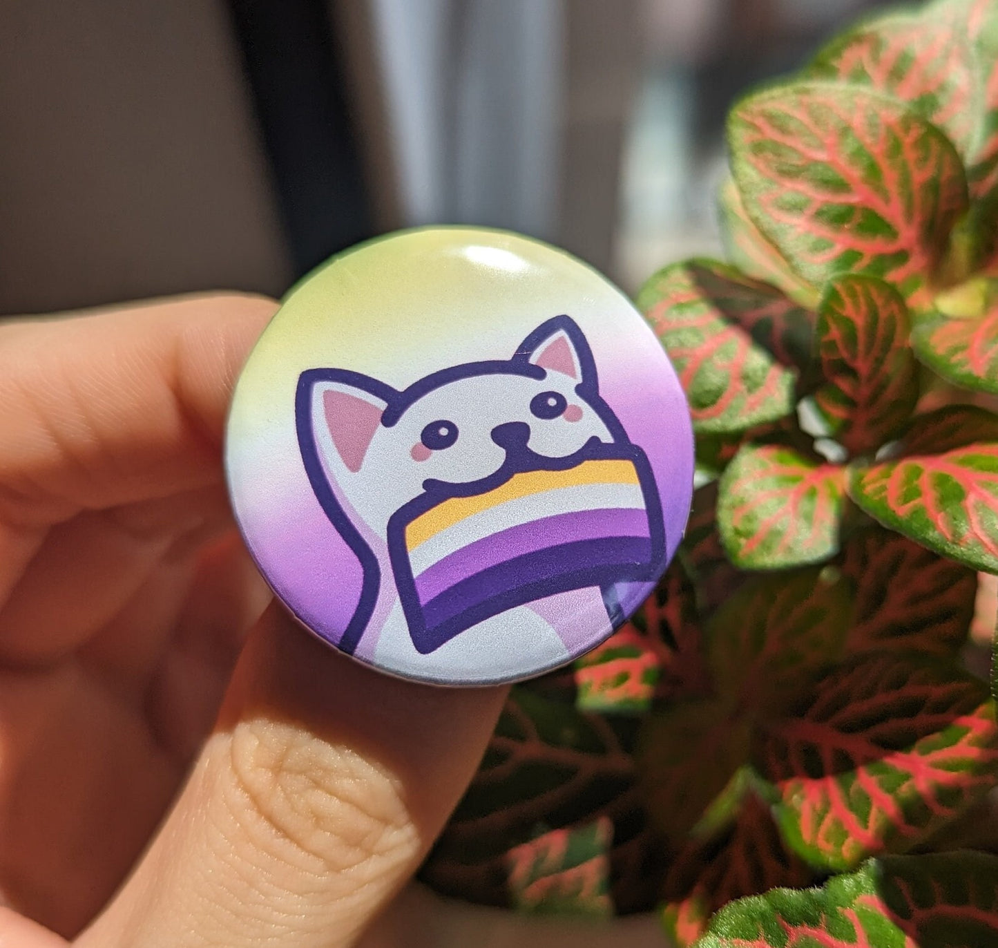 Non-Binary Pride Button Badge | Cute Cat Holding an Enby Pride Flag