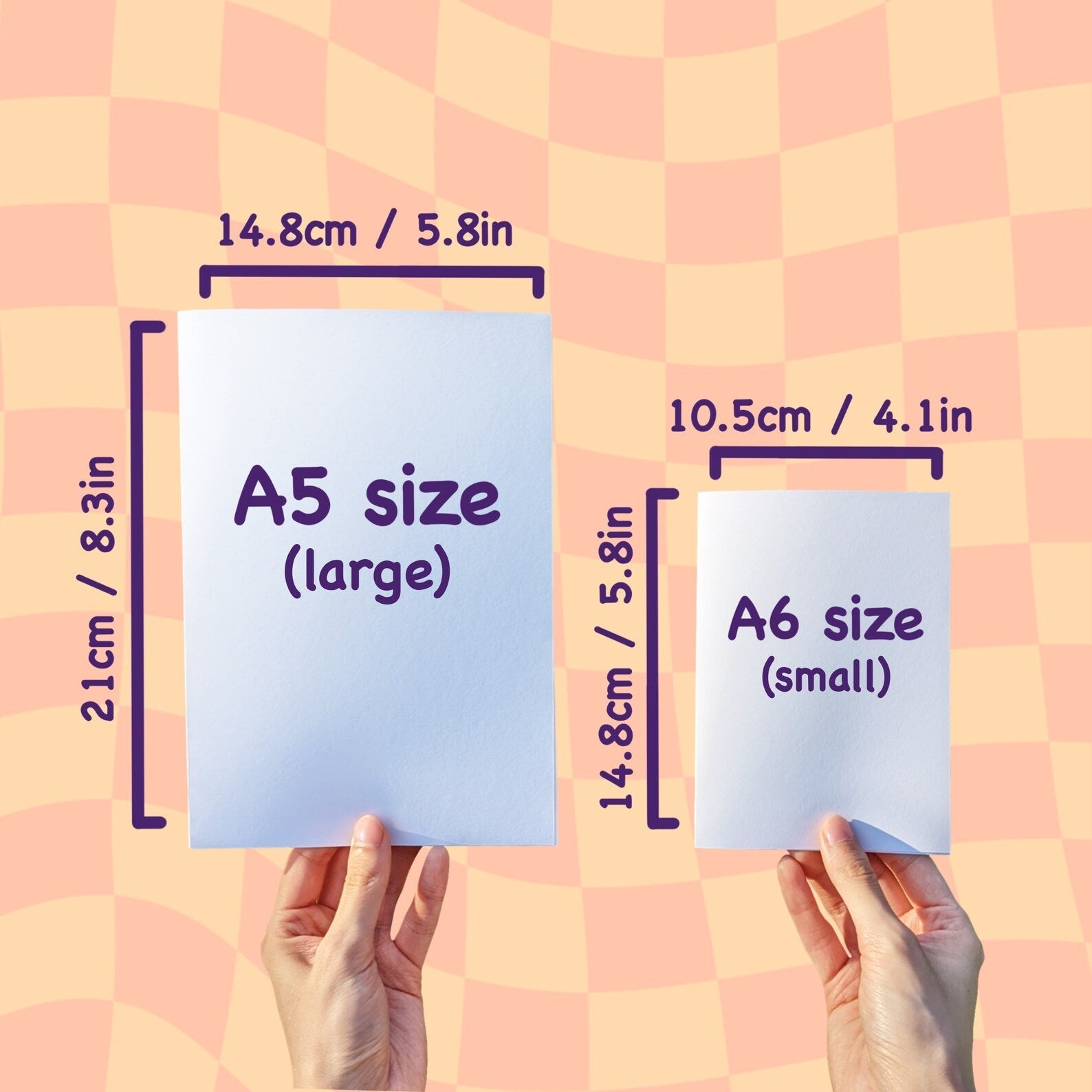 Two sizes of greeting cards: A5 (large) and A6 (small).